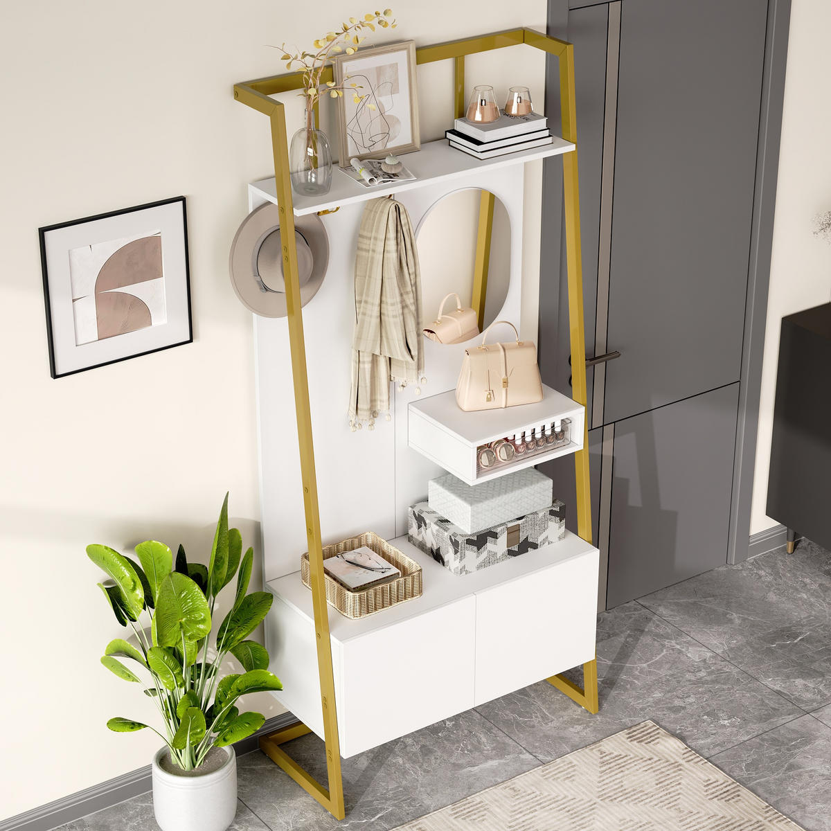 GARDEROBE Kompakt Spiegel Schuhbank Metallhaken - Weiß, Holzwerkstoff (38.5/180.5/78cm) - FLIEKS