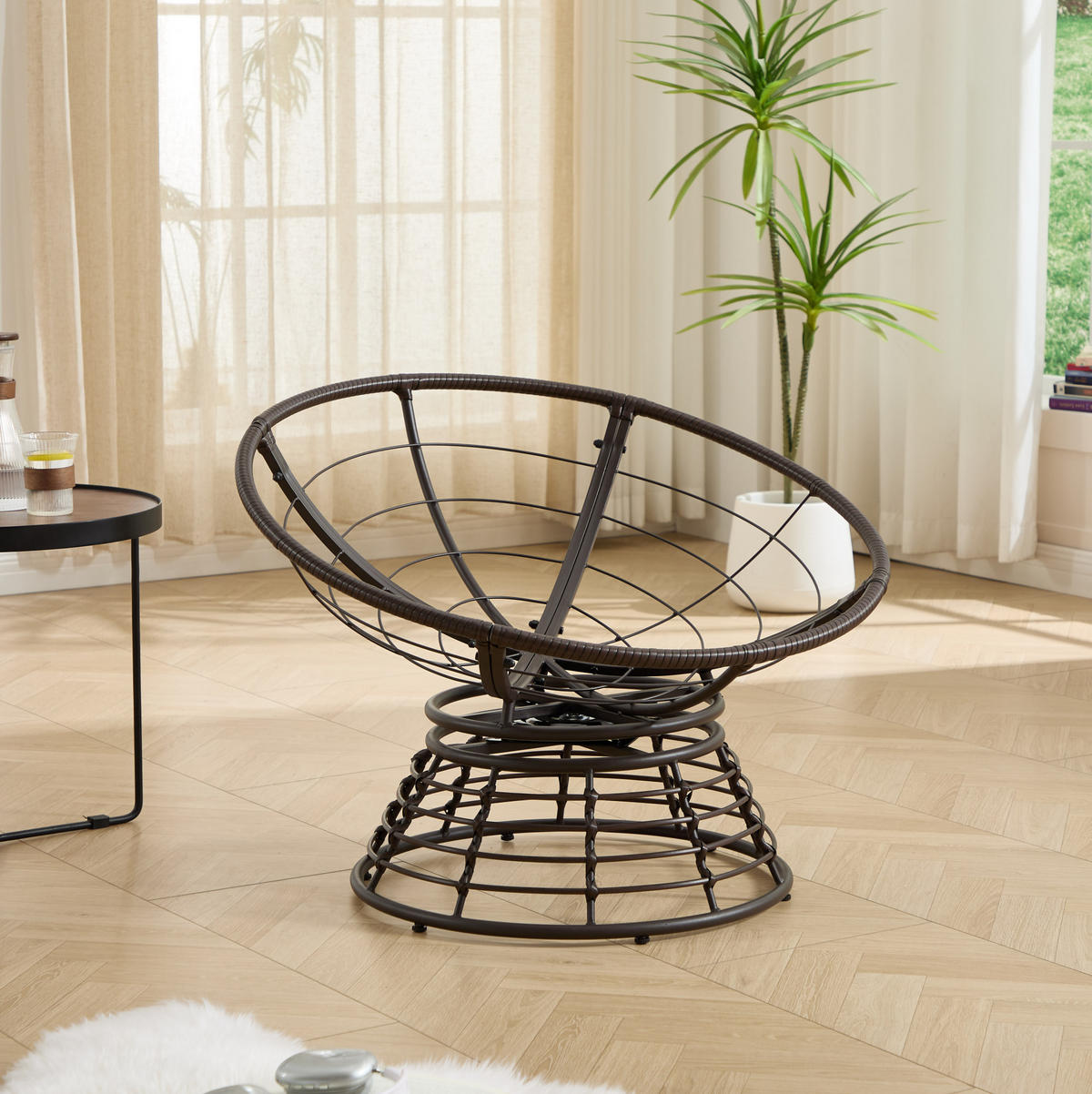 OTOČNÉ křeslo 92/67 cm hnědá/béžová z oceli a PE ratanu s 360° otáčením - béžová, kov (92/67/92cm) - OKWISH