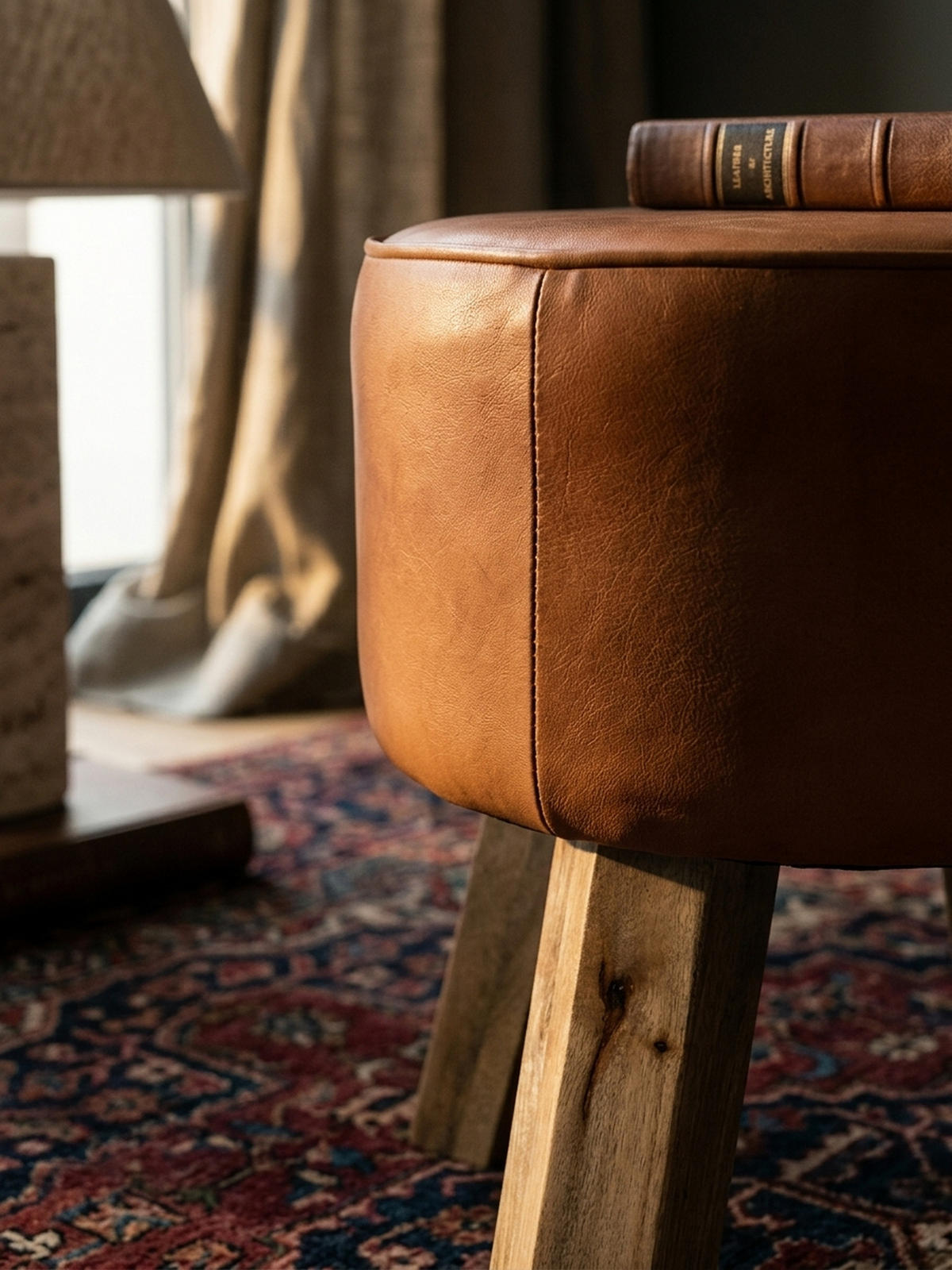 SITZHOCKER – Ziegenleder/Holz, 45 cm, Country-Stil - Braun, Mangoholz/Leder (37/45/37cm) - KADIMA DESIGN