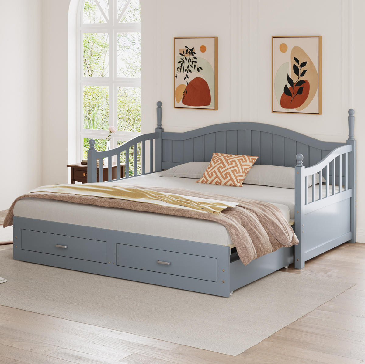 BETT Ausziehbares Schlafsofa 90/190 cm Grau aus Kiefernholz mit Schubladen - Grau, Holzwerkstoff (90/190cm) - OKWISH