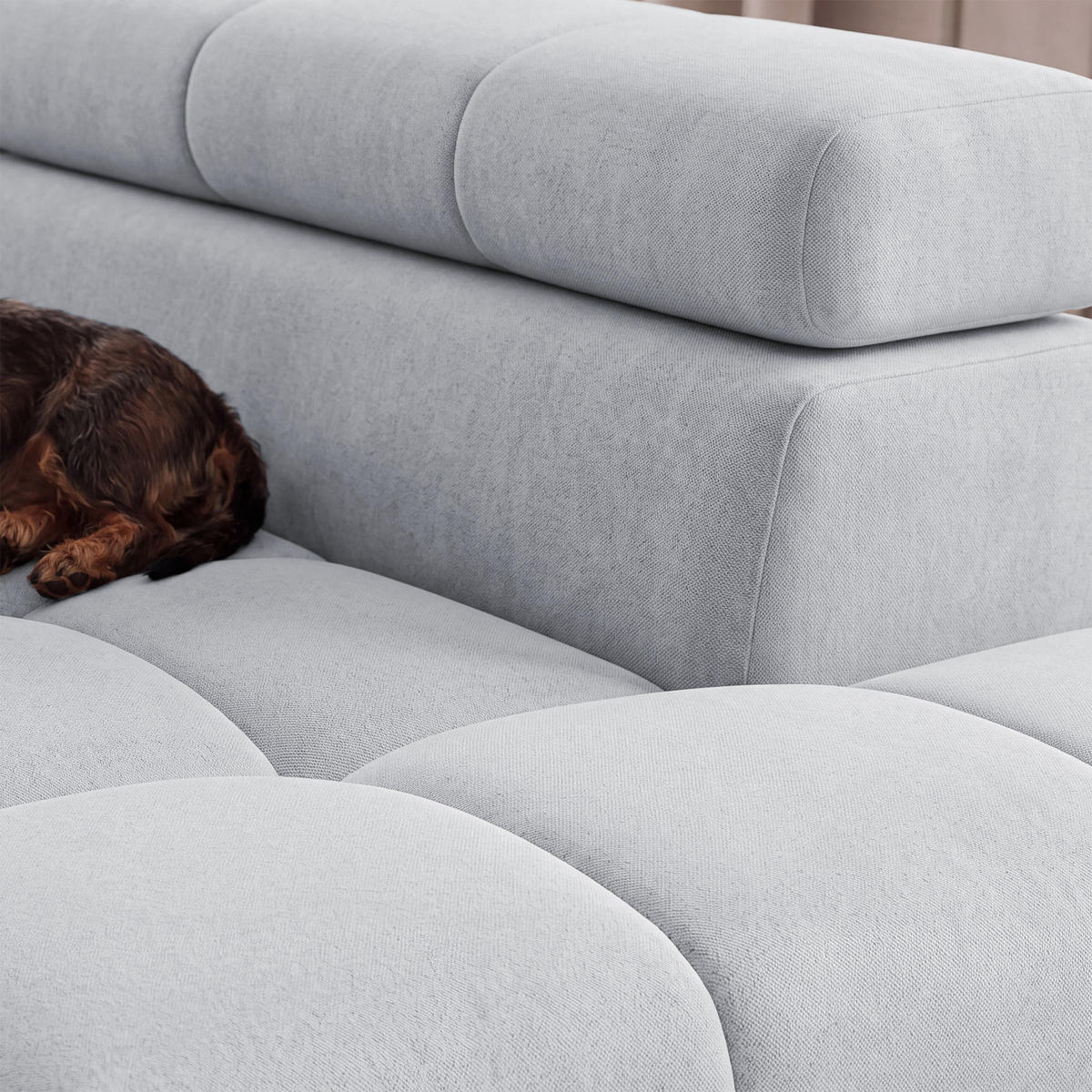ECKSOFA PUDDING S Rechts mit Schlaffunktion 125x195 Velours Hellgrau - Hellgrau/Schwarz, Holz/Textil (275/177cm) - Muffo