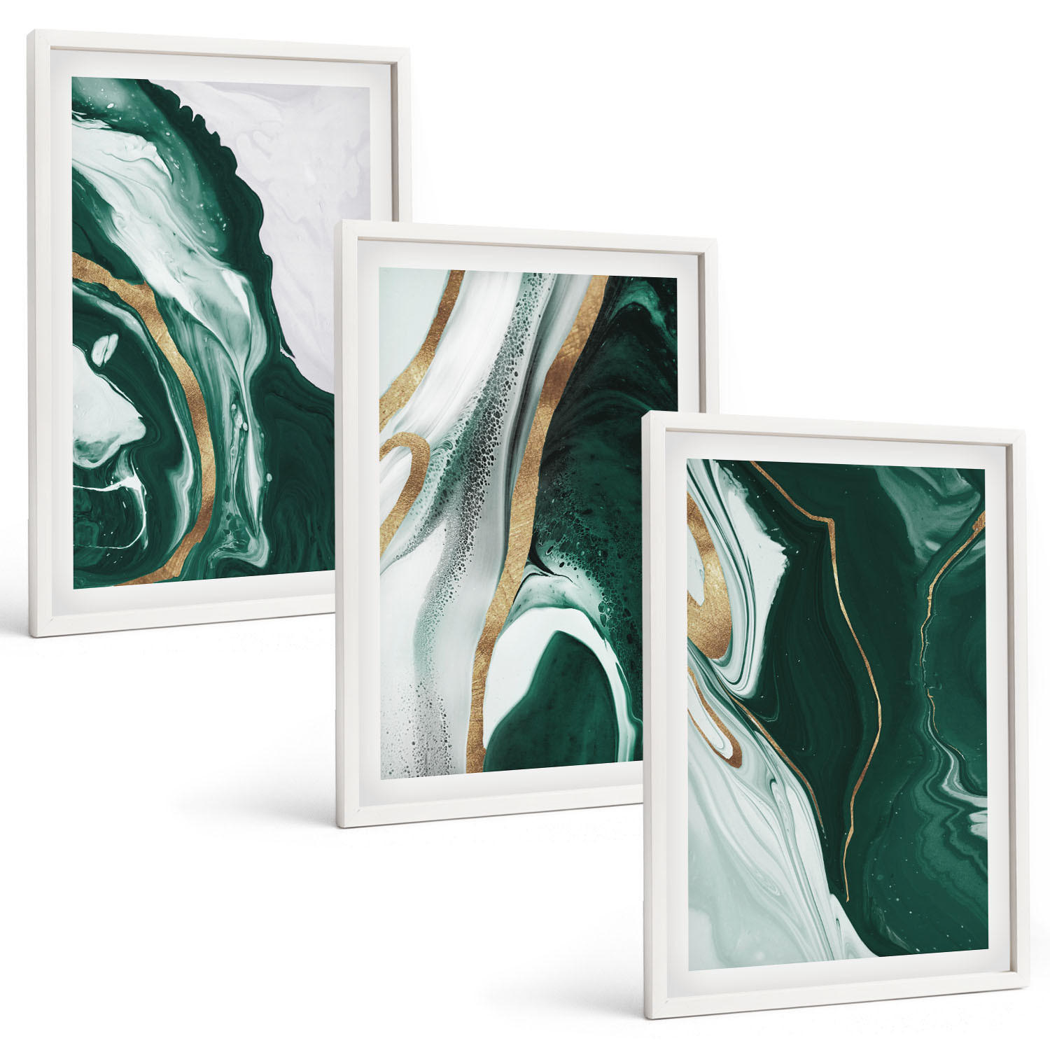 BILDER SET 3er Set - 40x60 cm Weißer Rahmen - Abstrakte grüne Farbmuster - Weiß, Kunststoff (40/60cm) - TULUP