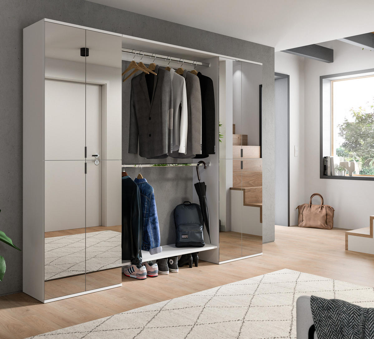 GARDEROBENSCHRANK weiß 232 cm, Flurgarderobe XXL mit Spiegeltüren - Chromfarben/Weiß, Holzwerkstoff/Kunststoff (232/193/34cm) - Inn.Furn