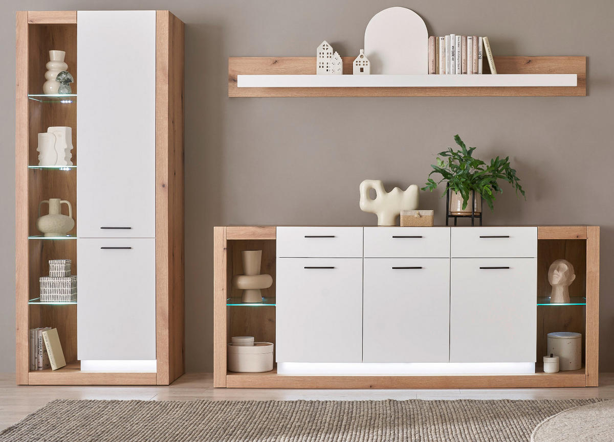 WOHNWAND weiß matt, Evoke Eiche, Wohnkombination Set 3-teilig 298 cm - Eichefarben/Silberfarben, Glas/Holzwerkstoff (298/195/43cm) - Furn.Design