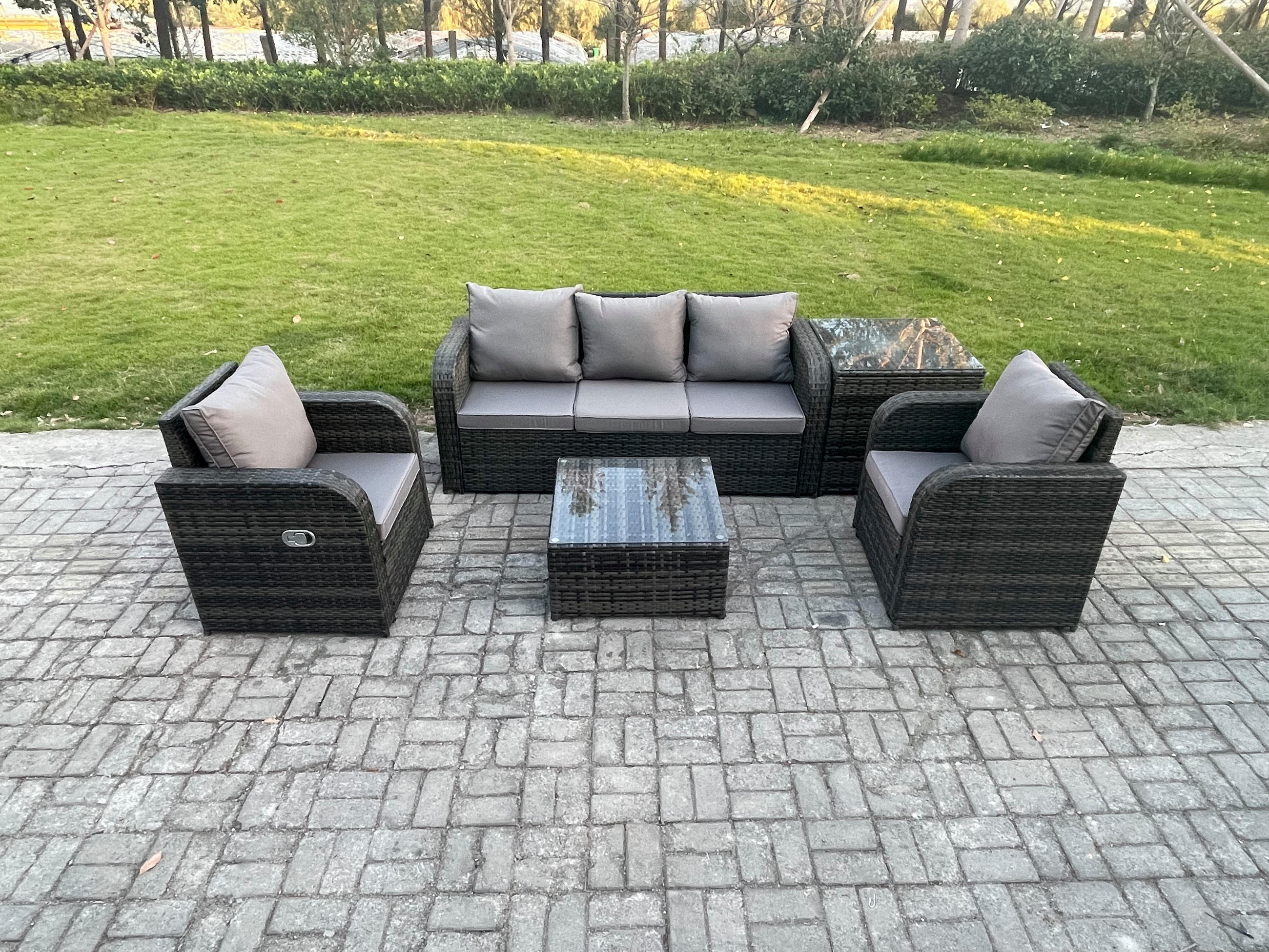 GARTENMÖBELGARNITUR mit KISSEN Polyrattan Dunkelgrau 5-Sitzer - Dunkelgrau/Grau, Glas/Kunststoff - Fimous
