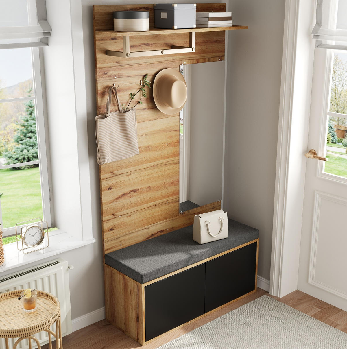 KOMPAKTGARDEROBE mit Spiegel und Schuhschrank Spanplatte Schwarz - Schwarz, Holzwerkstoff (38/190/100cm) - Beauniv