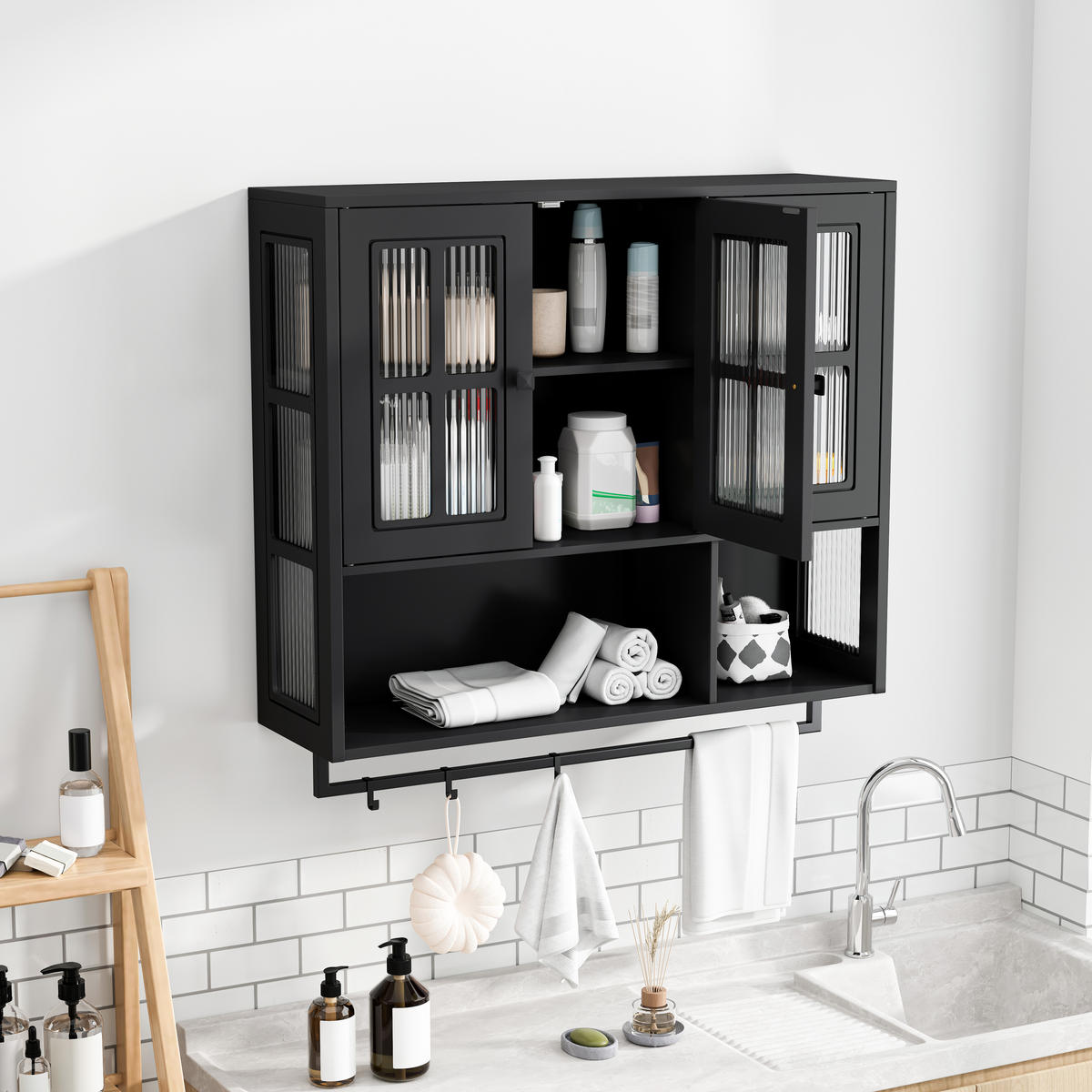 KÜCHENOBERSCHRANK 88x26x82.5 cm in Schwarz aus Sicherheitsglas mit geriffeltem Glas & Handtuchstange - Schwarz, Holzwerkstoff (88/82.5/26cm) - Modfu