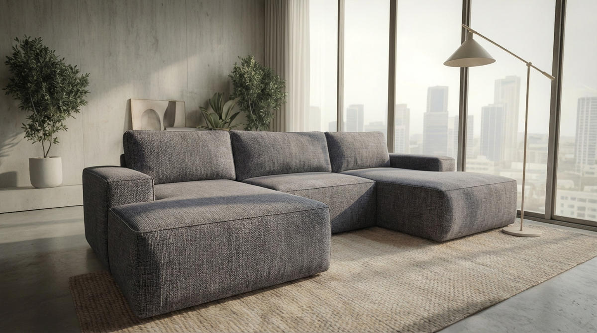 ECKSOFA EINAR 362 cm x 170 cm – Stoff: SAWANA Pfeffer 5 Farbe: Dunkelgrau - Dunkelgrau, Textil (362/170cm) - A&J MöbelLand
