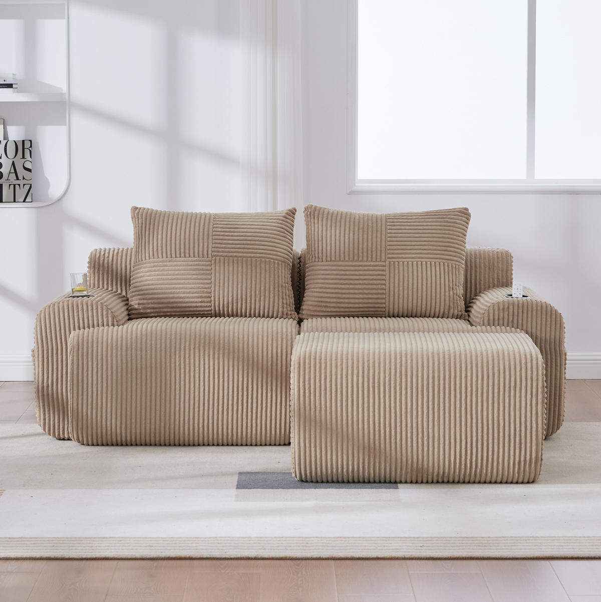 ECKSOFA 200/174/80 cm khaki aus Cord mit Cupholder und Seitentasche - Sandfarben, Textil (174/200cm) - OKWISH