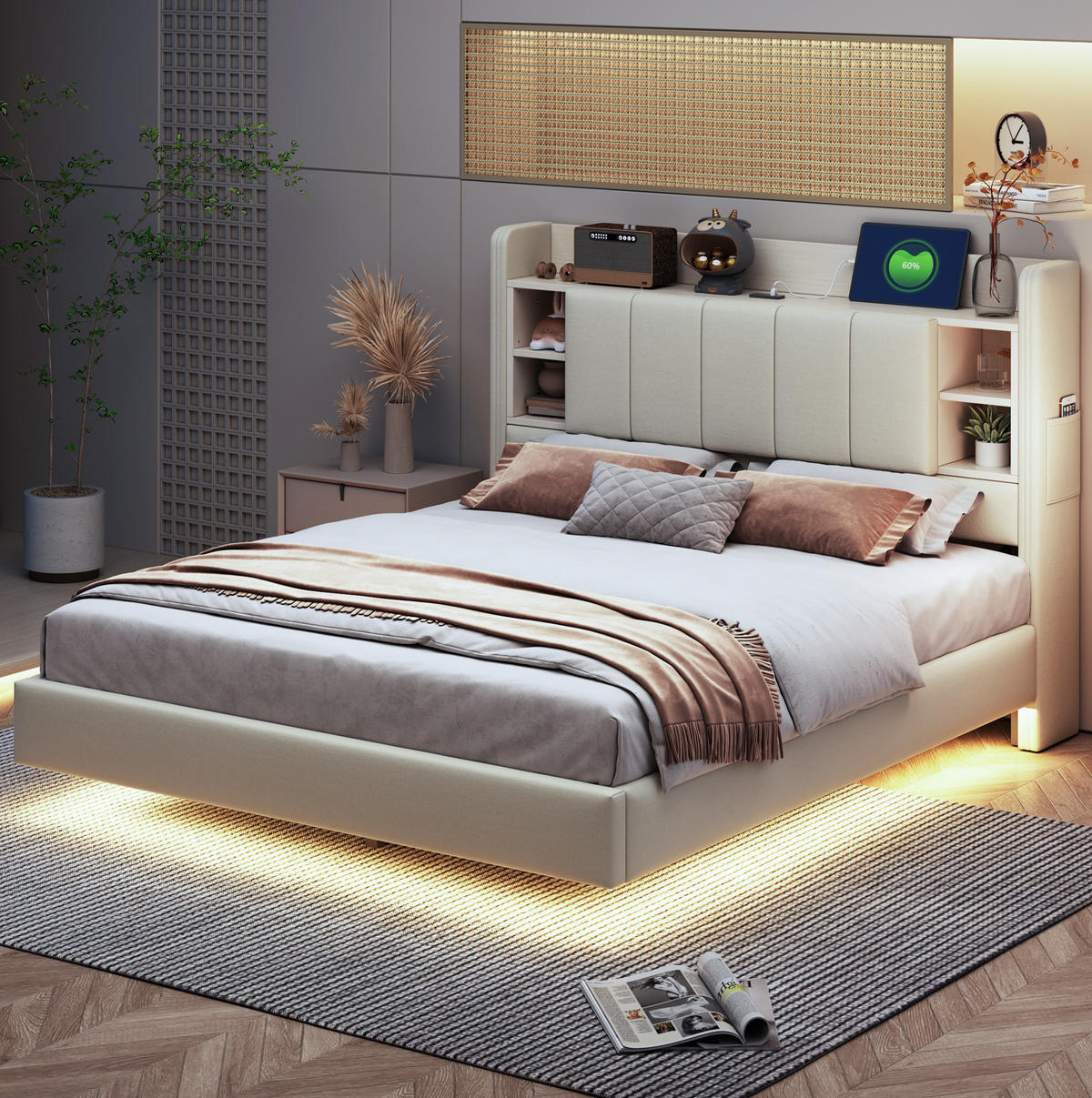 POLSTERBETT mit Stauraum, LED und USB 140x200 cm Beige - Beige, Metall (140/200cm) - Meubliv