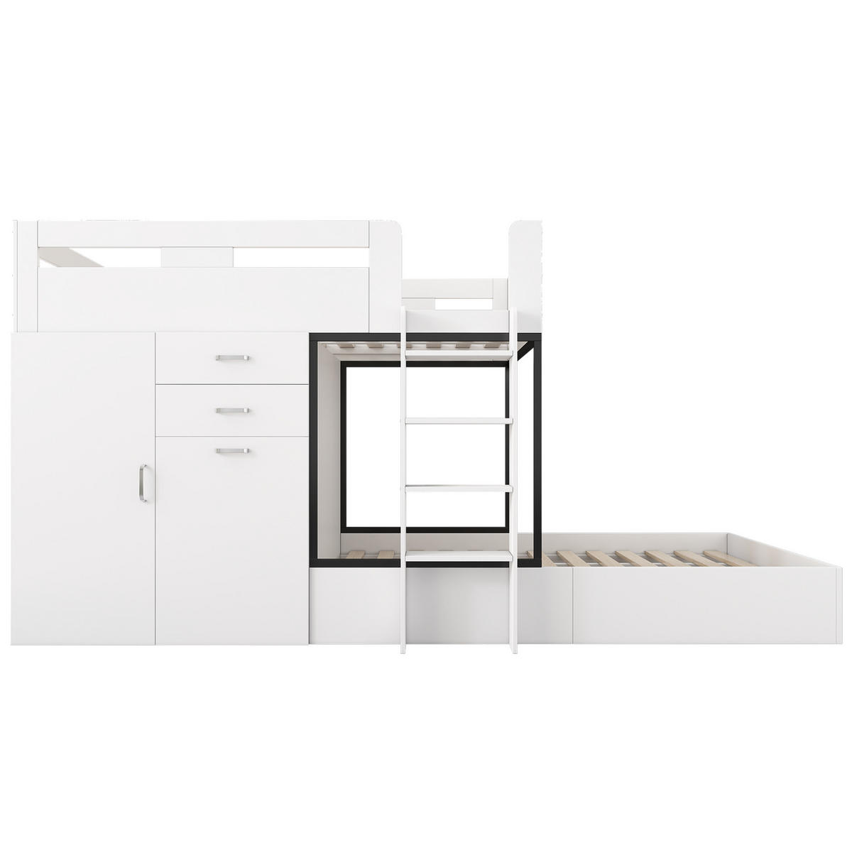 ETAGENBETT 90/200 cm in Weiß/Schwarz mit ausziehbarem Schreibtisch und Kleiderschrank - Weiß, Holzwerkstoff (90/200cm) - Flora Grace