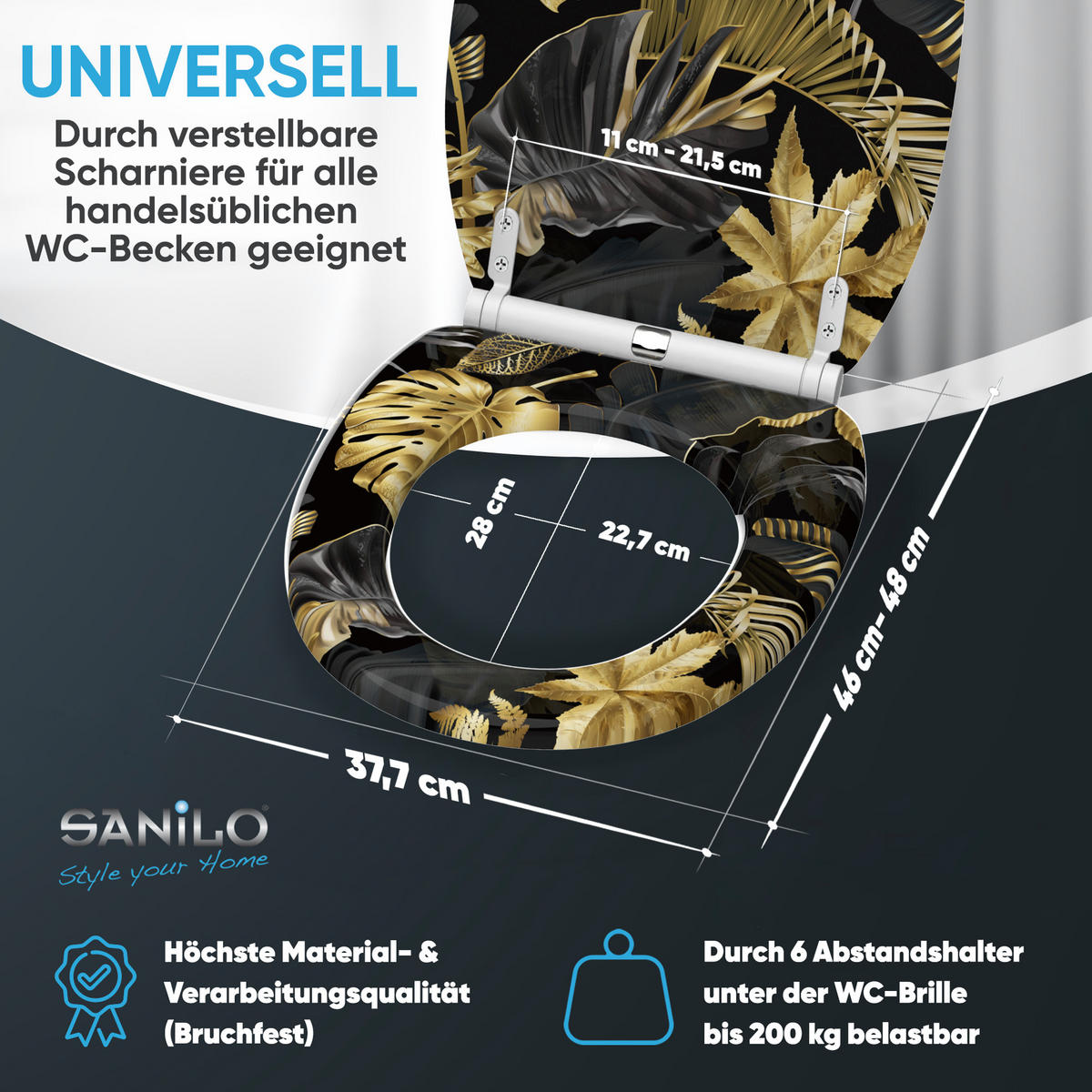 WC-SITZ mit Absenkautomatik & Top Fix Golden Leaves - Goldfarben, Holzwerkstoff (37.7/5.5/48cm) - Sanilo