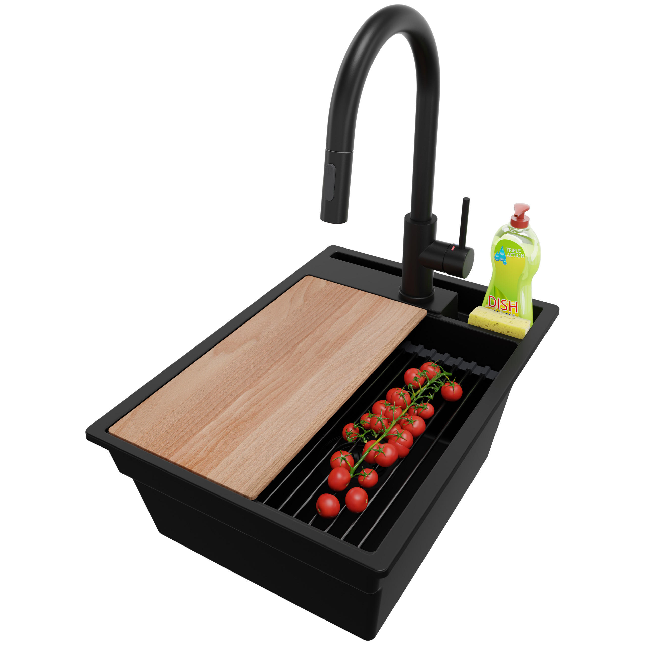 GRANITSPÜLE Oslo Pocket, 2-er set Alles Schwarz 38/53 cm 1 Becken + Küchenarmatur 40/20 cm + Ablauf-Set + Küchenzubehörset ab 40er Unterschrank - Beige/Schwarz, Kunststoff (38/20/53cm) - Primagran