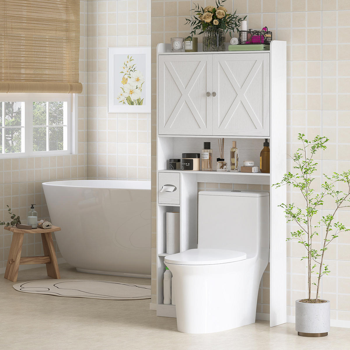 BADEZIMMERREGAL DE-15910 mit Scheunentür Weiß - Weiß, Holzwerkstoff (19.6/172/81.5cm) - ComfortXL