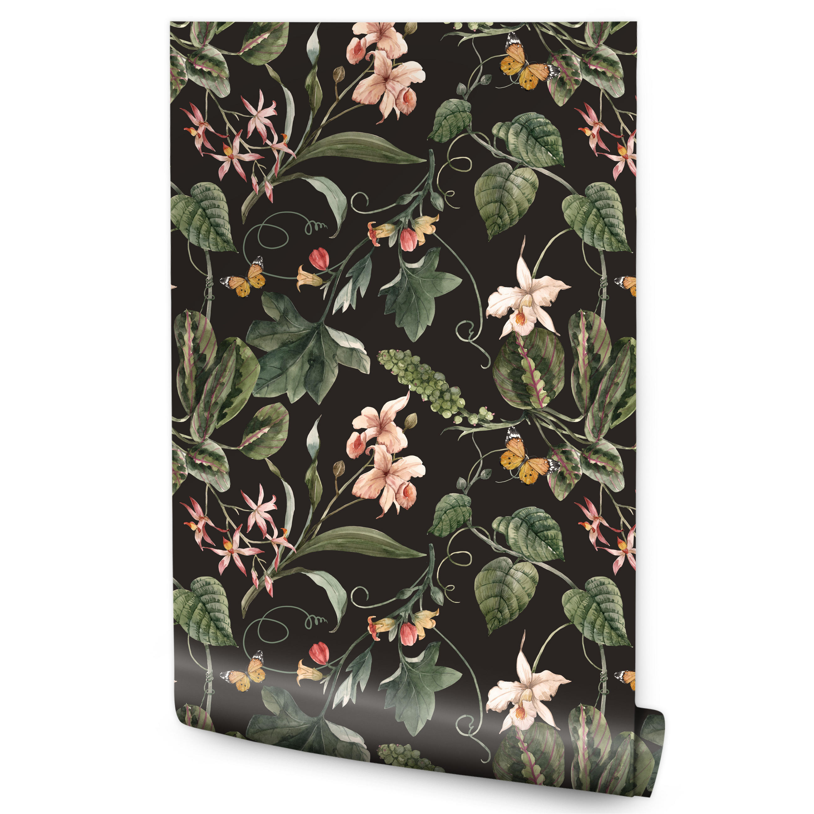 VLIESTAPETE Exotische Blüten und Pflanzen – Rosa, Grün, Schwarz – 50x1000 cm - Schwarz/Rosa, Papier (50/1000cm) - Muralo