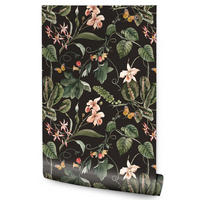 VLIESTAPETE Exotische Blüten und Pflanzen – Rosa, Grün, Schwarz – 50x1000 cm - Schwarz/Rosa, Papier (50/1000cm) - Muralo