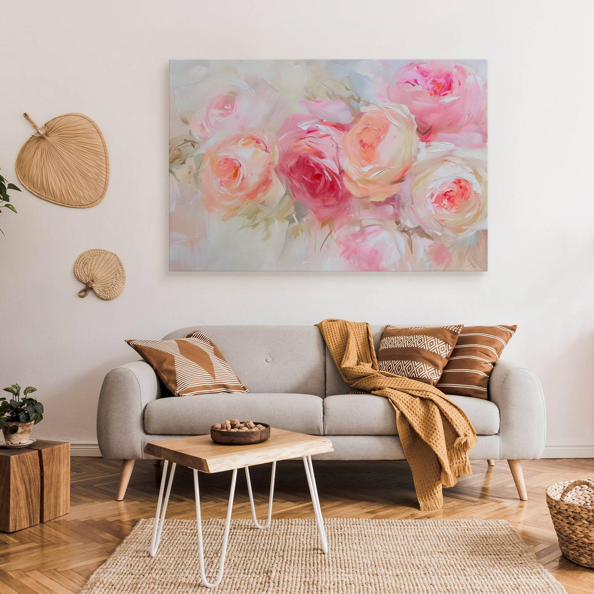 LEINWANDBILD für Wohnzimmer Rosen Blumen Natur Malarei 90cm x 60cm - Beige/Weiß, Textil (90/60cm) - Muralo