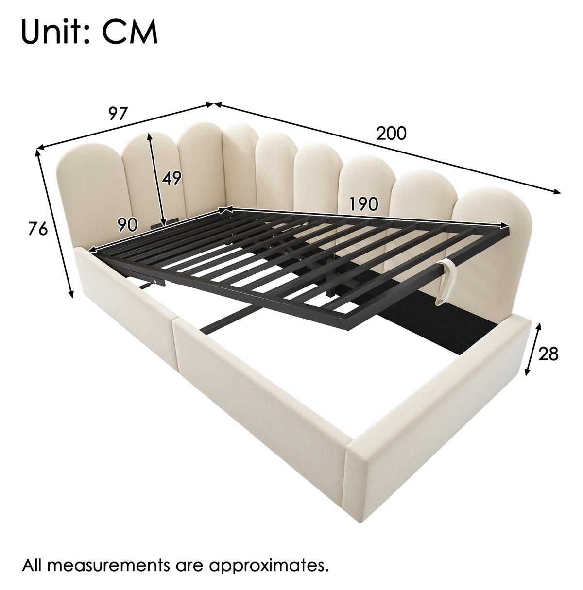 BETT mit Bettkasten 90x190 cm Samt Beige - Beige, Metall (90/190cm) - Beauniv