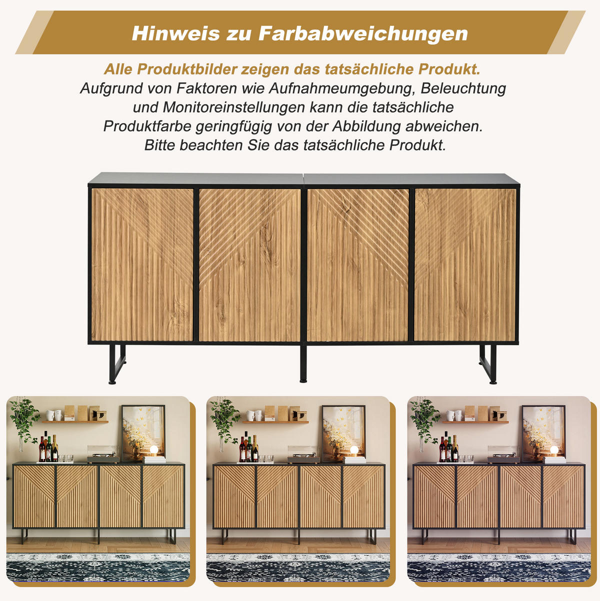 SIDEBOARD aus Spanplatte 160x40x75 cm Naturholz-Schwarz mit 4 Türen und 8 Fächern, strukturierter Front - Naturfarben, Holzwerkstoff (160/75/40cm) - Modfu