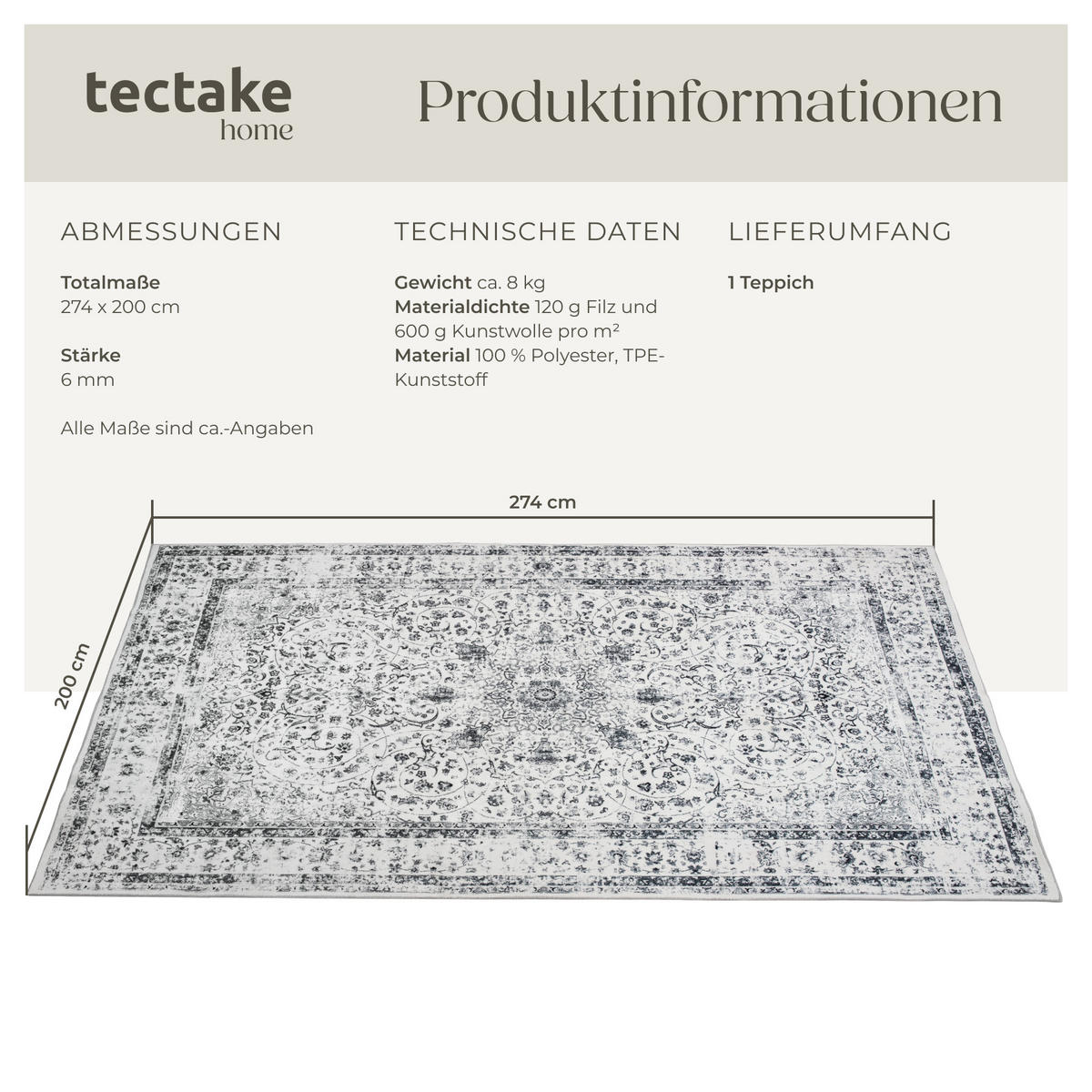 TEPPICH Vintage Design Aliya,rutschfeste Unterseite,grau - Grau, Kunststoff (200/274cm) - tectake
