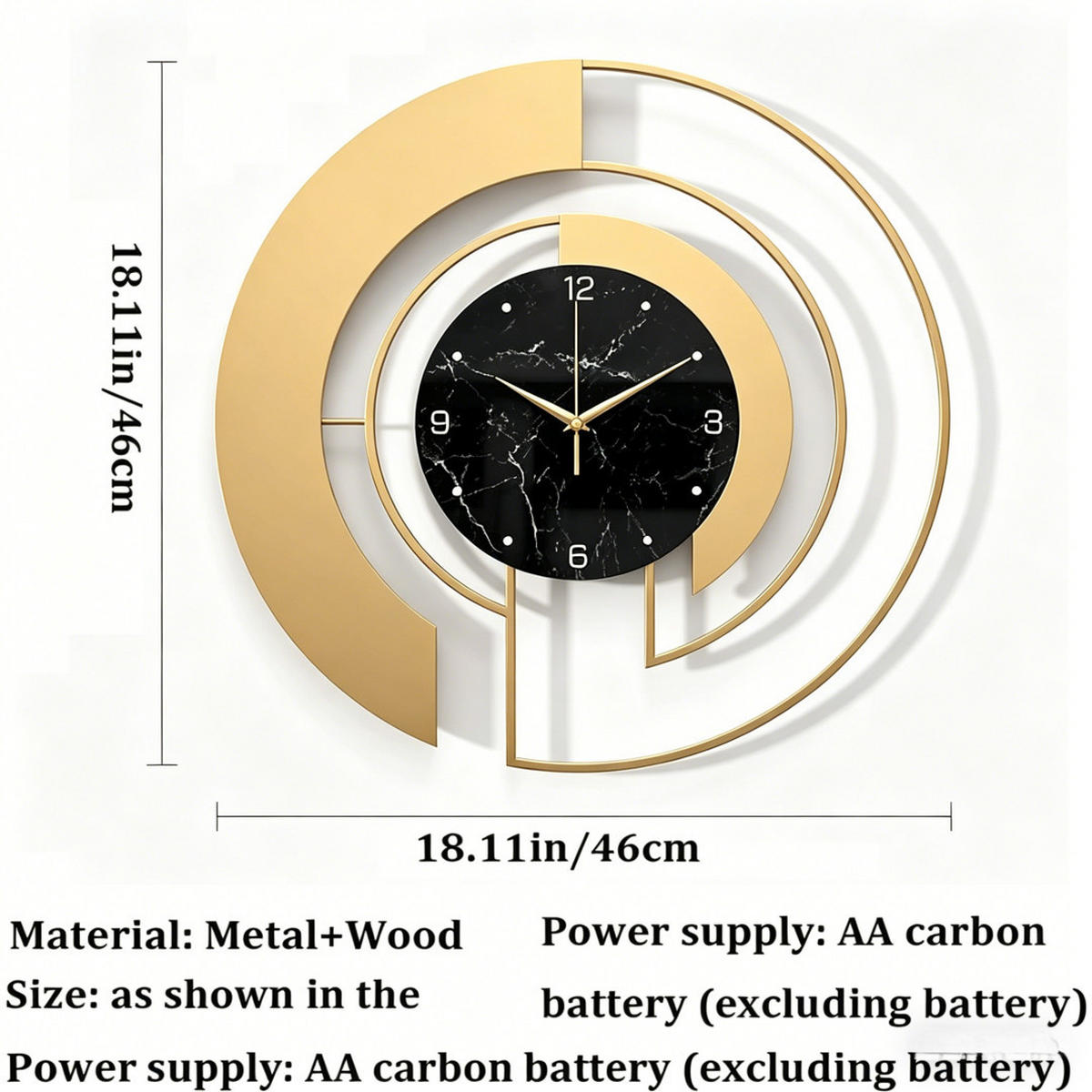 WANDUHR Modern, Leise, Batteriebetrieben, 45cm, Gold - Goldfarben, Metall (46/5/46cm) - Authentics