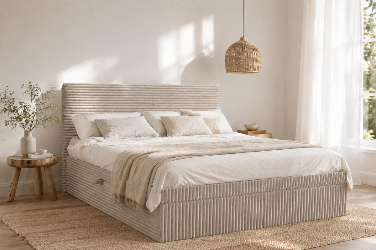 BOXBETT Bettkasten Und Topper TRENTO Ohne Bein Stoff Plüsch Cord 120x200 cm Ecru H3-Bonell - Ecru, Holz/Textil (120/200cm) - Kaiser Möbel