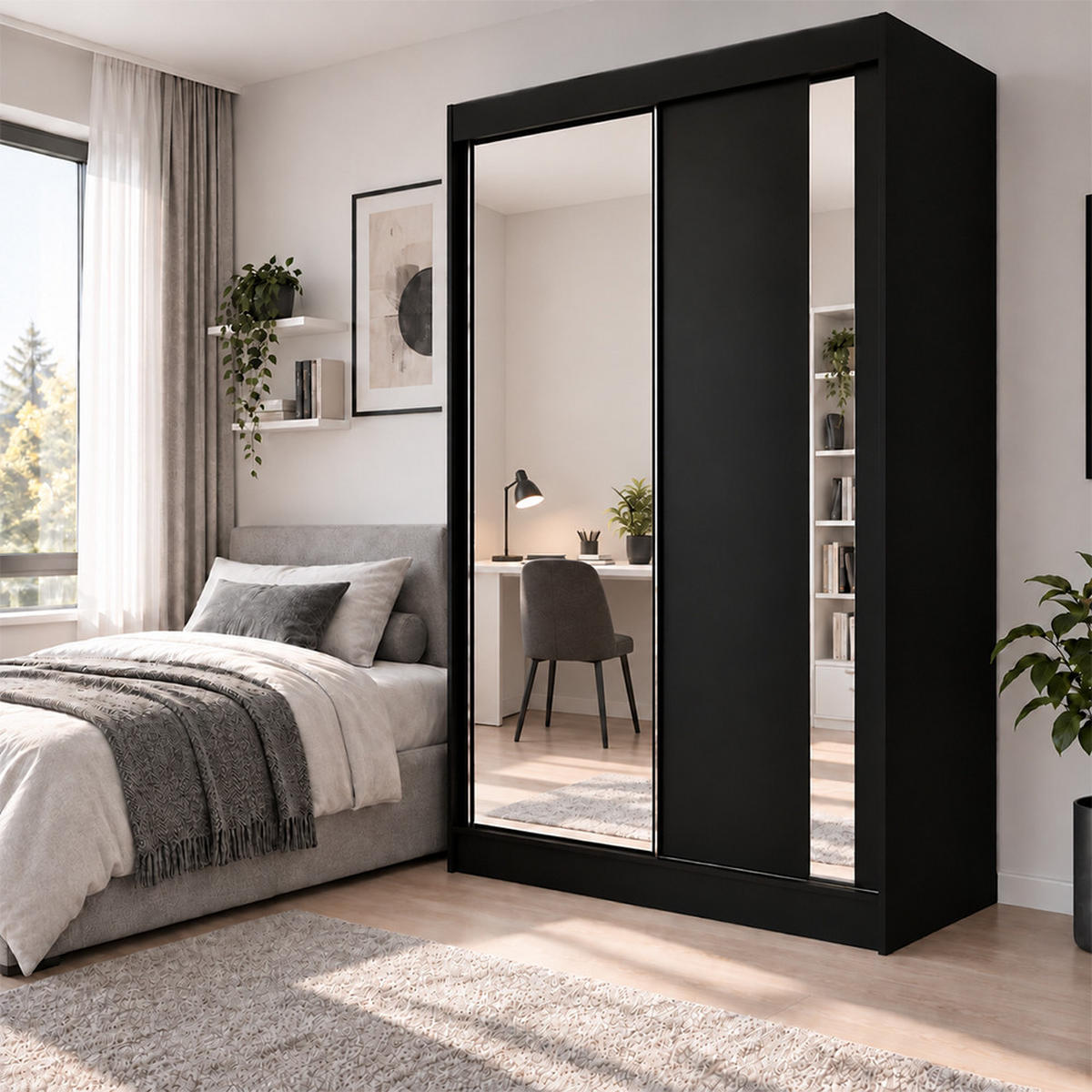 KLEIDERSCHRANK Gloria 120 cm Schwarz Spiegel 2 Schubl. Griffe silber - Schwarz, Holzwerkstoff (120/216/61cm) - KS Home Concept