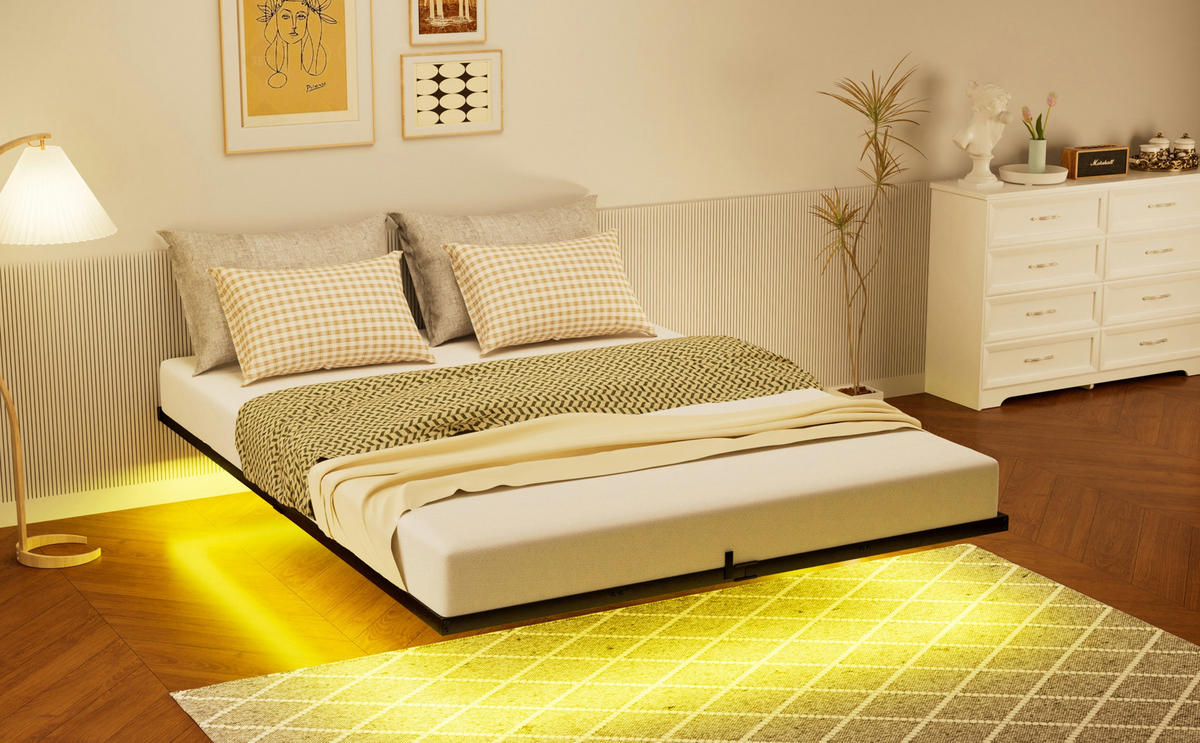 METALLBETT 140x200 cm LED schwarz - Schwarz, Metall (140/200cm) - Fortuna Lai