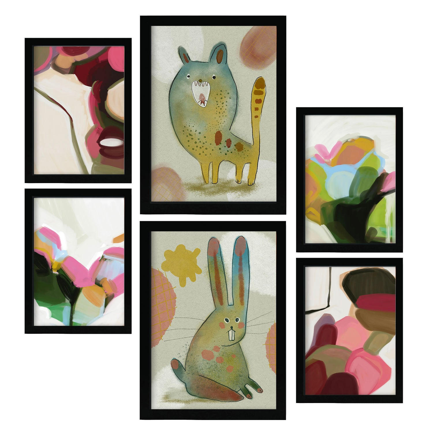 POSTER Set Mit 6 Hasen & Welpen 2 In Tiere Zusammenfassungen A3 & A4 Schwarzer Rahmen - Schwarz, Papier (29/3cm) - Nacnic