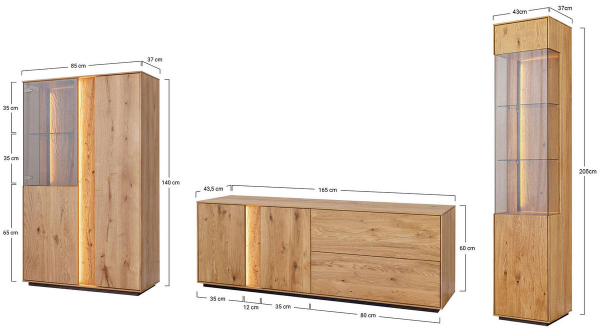 WOHNZIMMER-SET Collodi Wildeiche Natur - Sideboard 165cm - Türanschlag rechts - Wildeiche/Eichefarben, Holz (293/205/43.5cm) - Feldmann-Wohnen