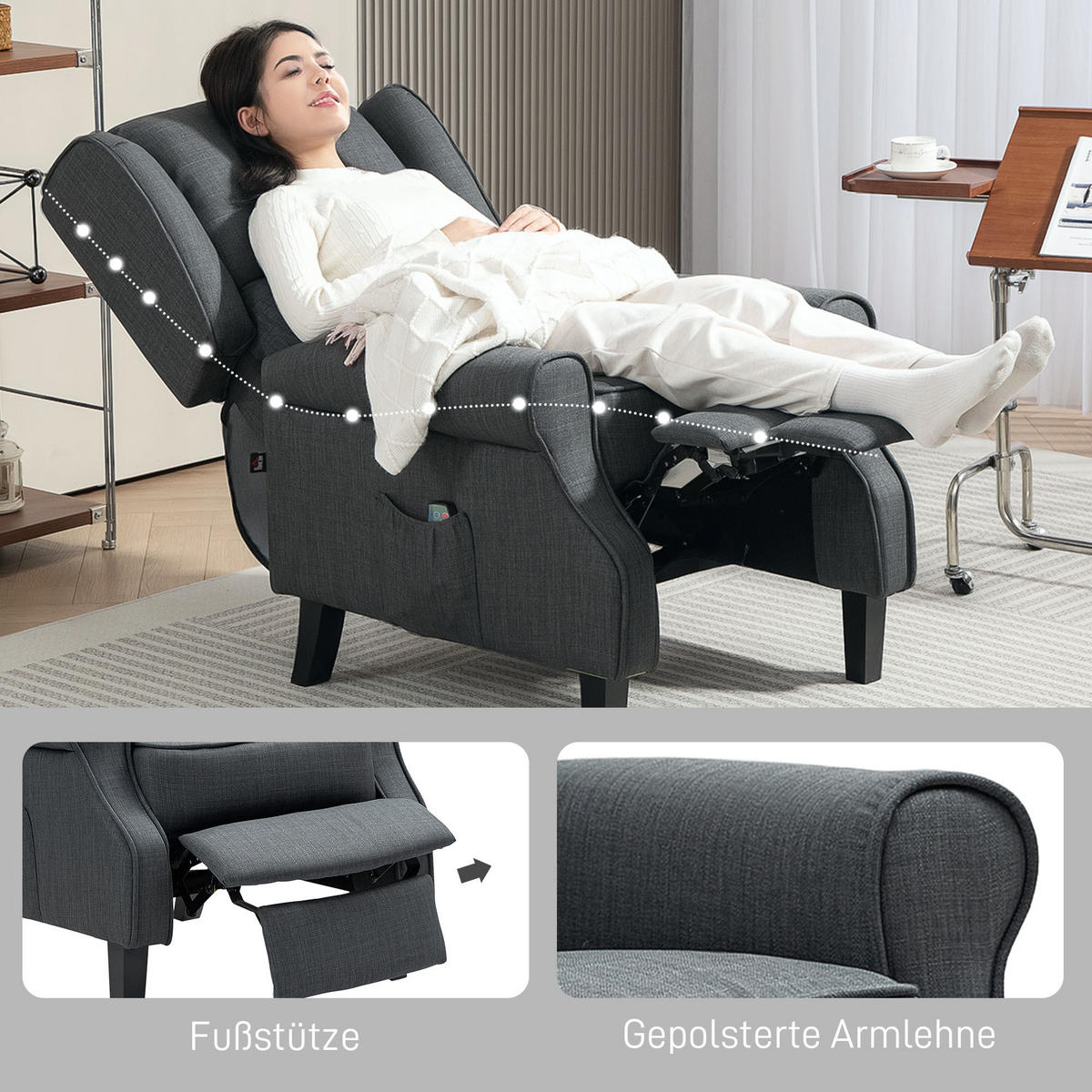 RELAXSESSEL Fernsehsessel mit Liegefunktion, Dunkelgrau - Dunkelgrau, Textil (78/101/83cm) - HOMCOM