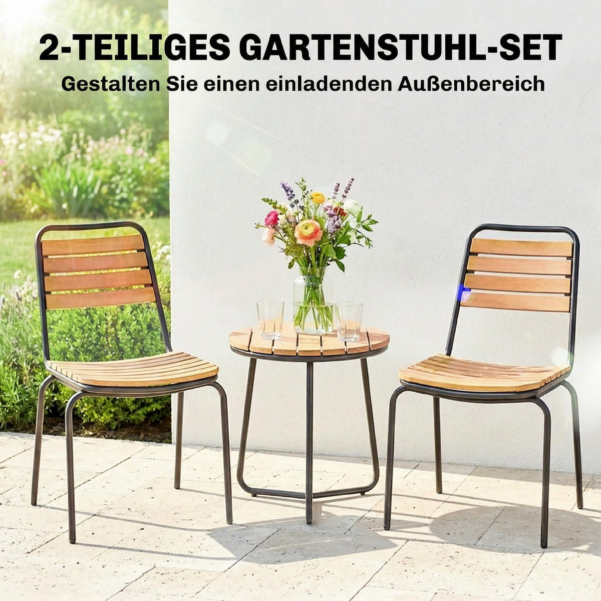 GARTENSTUHL 2er Set wetterfest Gartenstühle aus Stahl und Holz Stapelstuhl mit Rückenlehne bis 160kg belastbar Naturholz - Naturfarben, Metall (61/81/47cm)