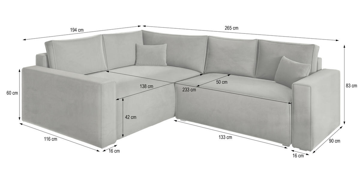 ECKSOFA ERONIS L-S Lila Velours-Stoff mit Schlaffunktion - Lila, Holz (265/194cm) - MASSENO