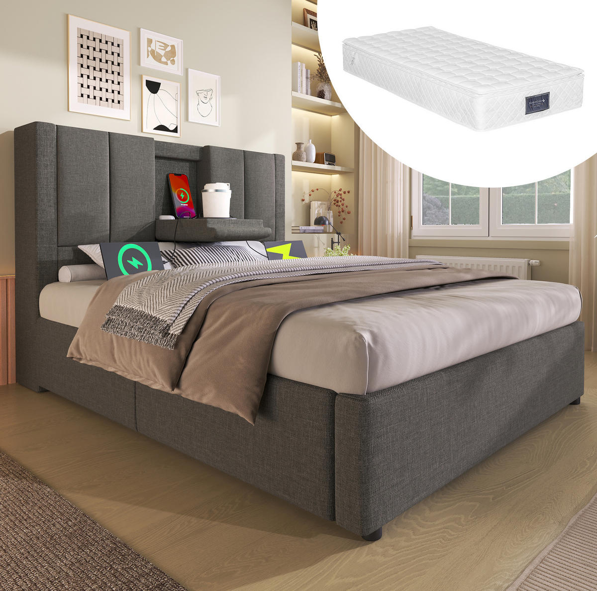 POLSTERBETT 90/200 cm Grau aus Leinen mit Stauraum - Grau, Textil (90/200cm) - OKMYHOME