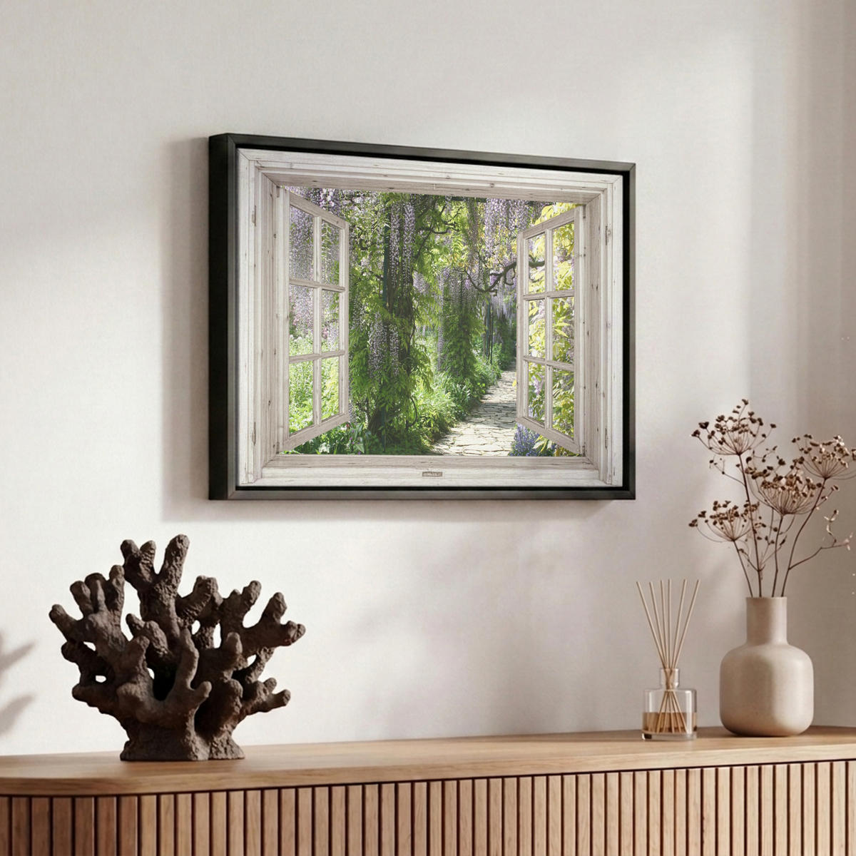 LEINWAND Bilder mit Rahmen - Blauer Regen - Blumen - Aussicht - Baum - Frühling - 30x20 - Grün, Textil (30/20cm) - MuchoWow