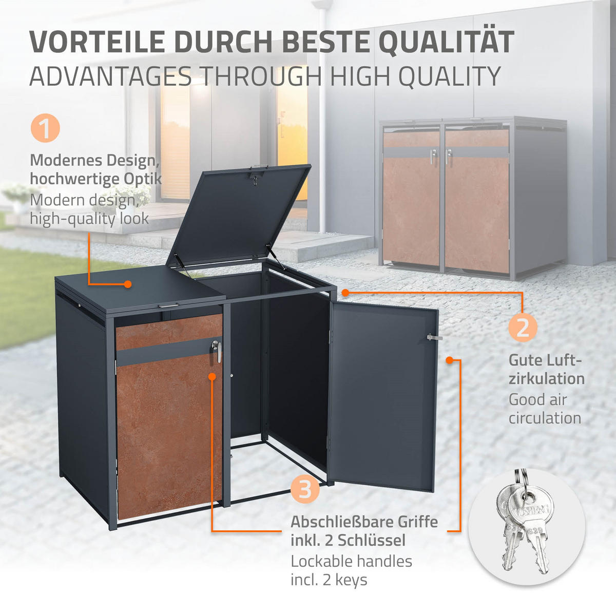 MÜLLTONNENBOX 2er Anthrazit-Rostoptik - Rotbraun, Metall (80/116.3/132cm) - ML-DESIGN
