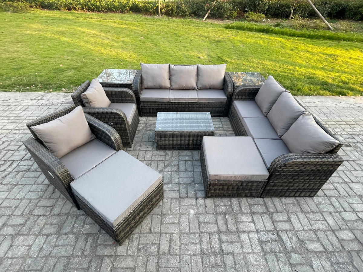 GARTENMÖBEL-SET mit Kissen Polyrattan Dunkelgrau 10-Sitzer - Dunkelgrau/Grau, Glas/Kunststoff - Fimous
