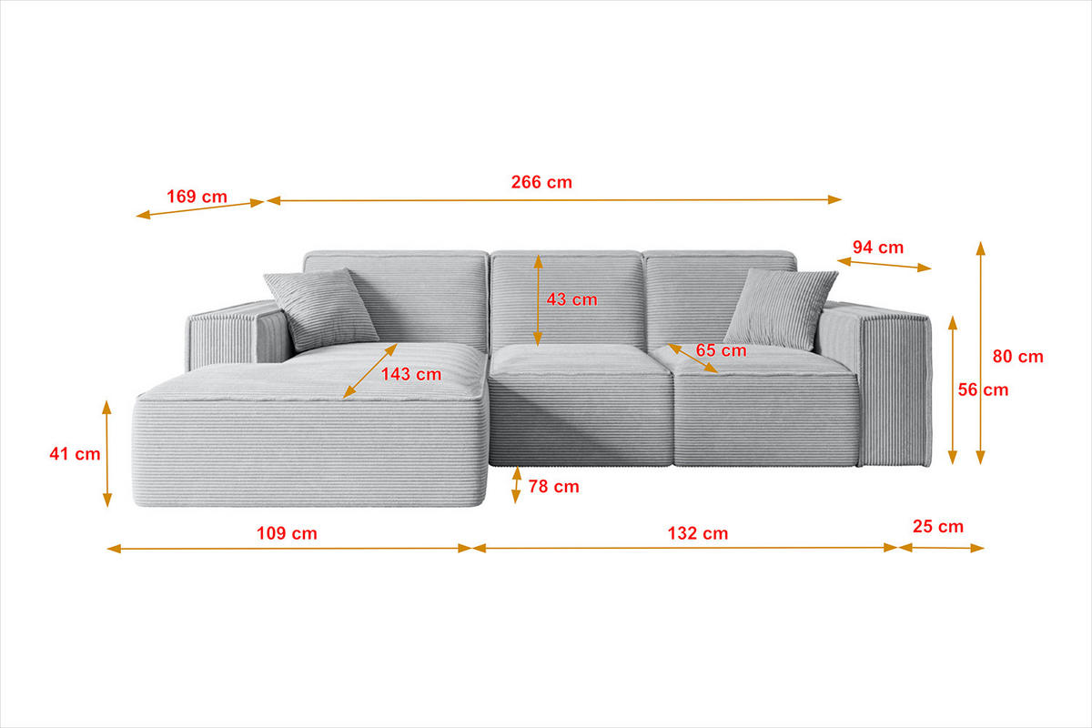 ECKSOFA Ottomane Rechts SERRA-L - 266x169x80 cm Koralle Velours - Koralle/Schwarz, Holzwerkstoff/Kunststoff (266/169cm) - ALTDECOR