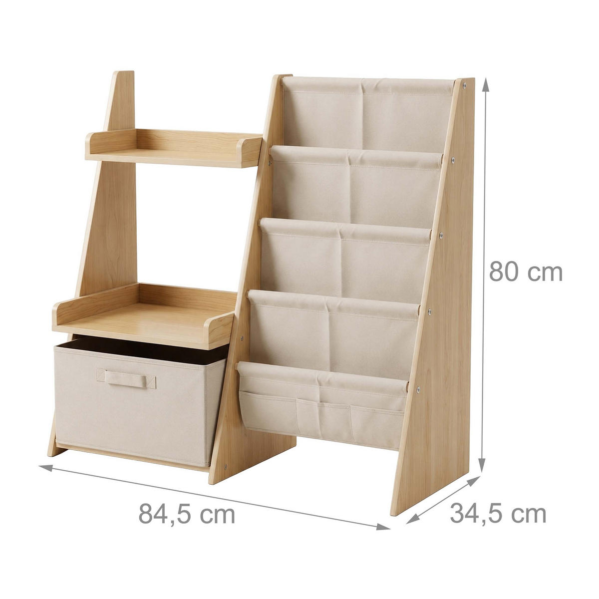 BIBLIOTECĂ Natur Alb Copii Buzunare din material textil Cutie pentru jucării - multicolor, compozit lemnos/material textil (84.5/80/34.5cm) - Relaxdays