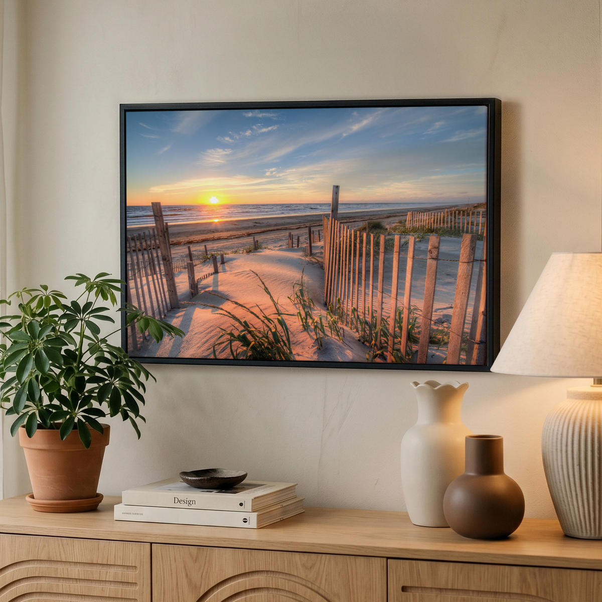 LEINWAND Bilder mit Rahmen - Strand - Meer - Düne - Sonnenuntergang - Landschaft - 60x40 - Beige, Textil (60/40cm) - MuchoWow