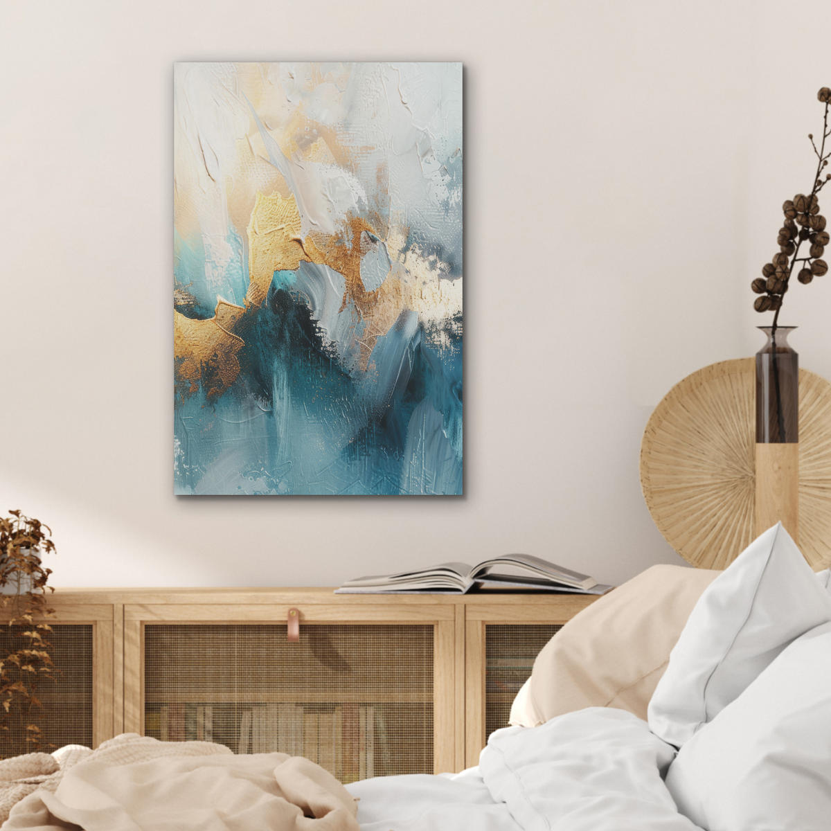 AKUSTIKBILD Abstrakt - Kunst - Gold - Blau Kunstdruck Schlafzimmer 50x70 cm - Petrol, Kunststoff (50/70/0.9cm) - MuchoWow