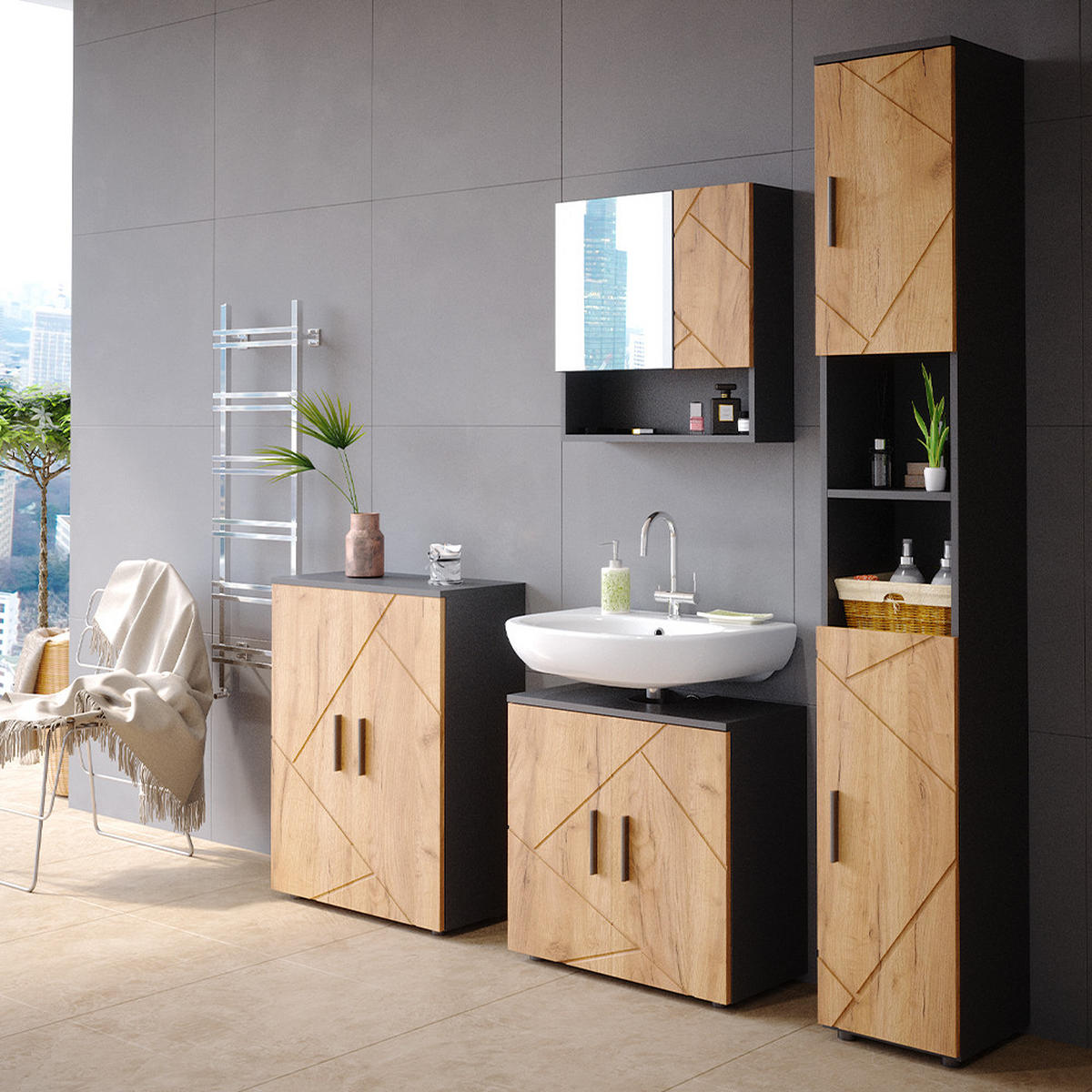 BADMÖBEL-SET Irma Goldkraft Eiche/Anthrazit 4 Teile mit Hochschrank und Kommode - Anthrazit/Eiche Wotan, Holzwerkstoff (80/58.6/41cm) - Vicco