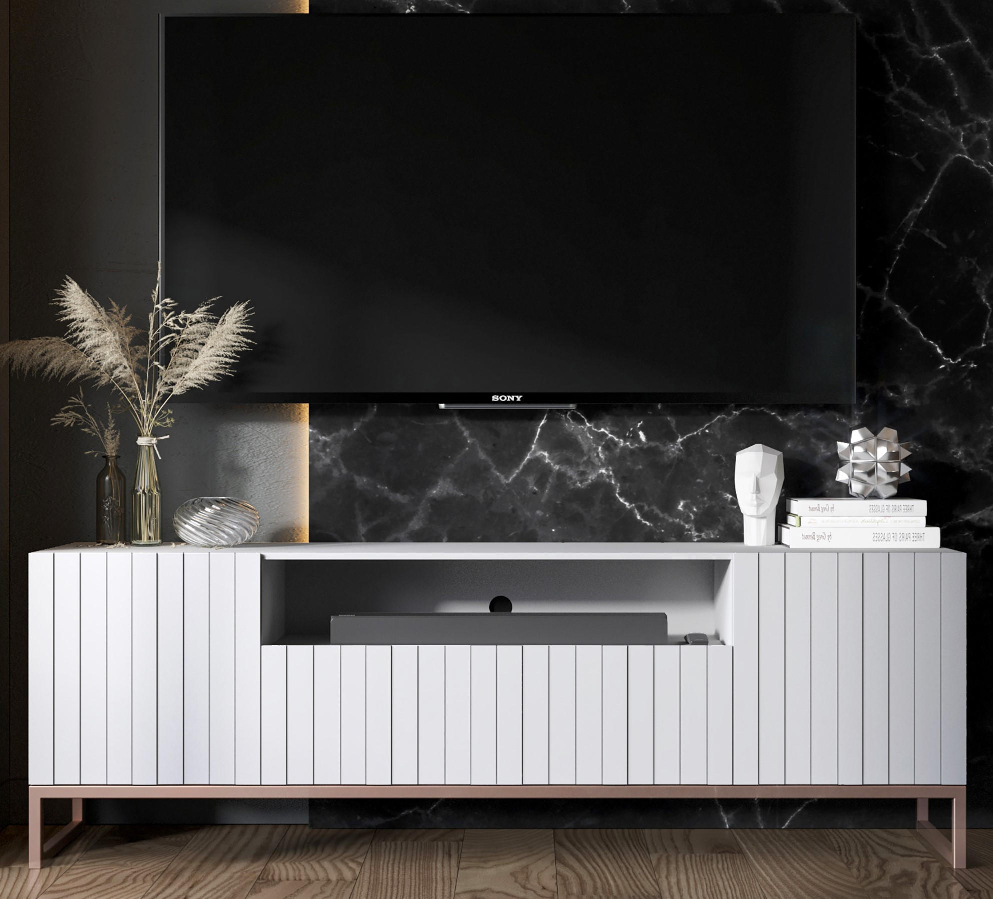 TV-SCHRANK Elpis2 Weiß Matt mit Metallrahmen 150 cm - Weiß/Kupferfarben, Holzwerkstoff/Metall (150/51.5/36.5cm) - Meble Lindner