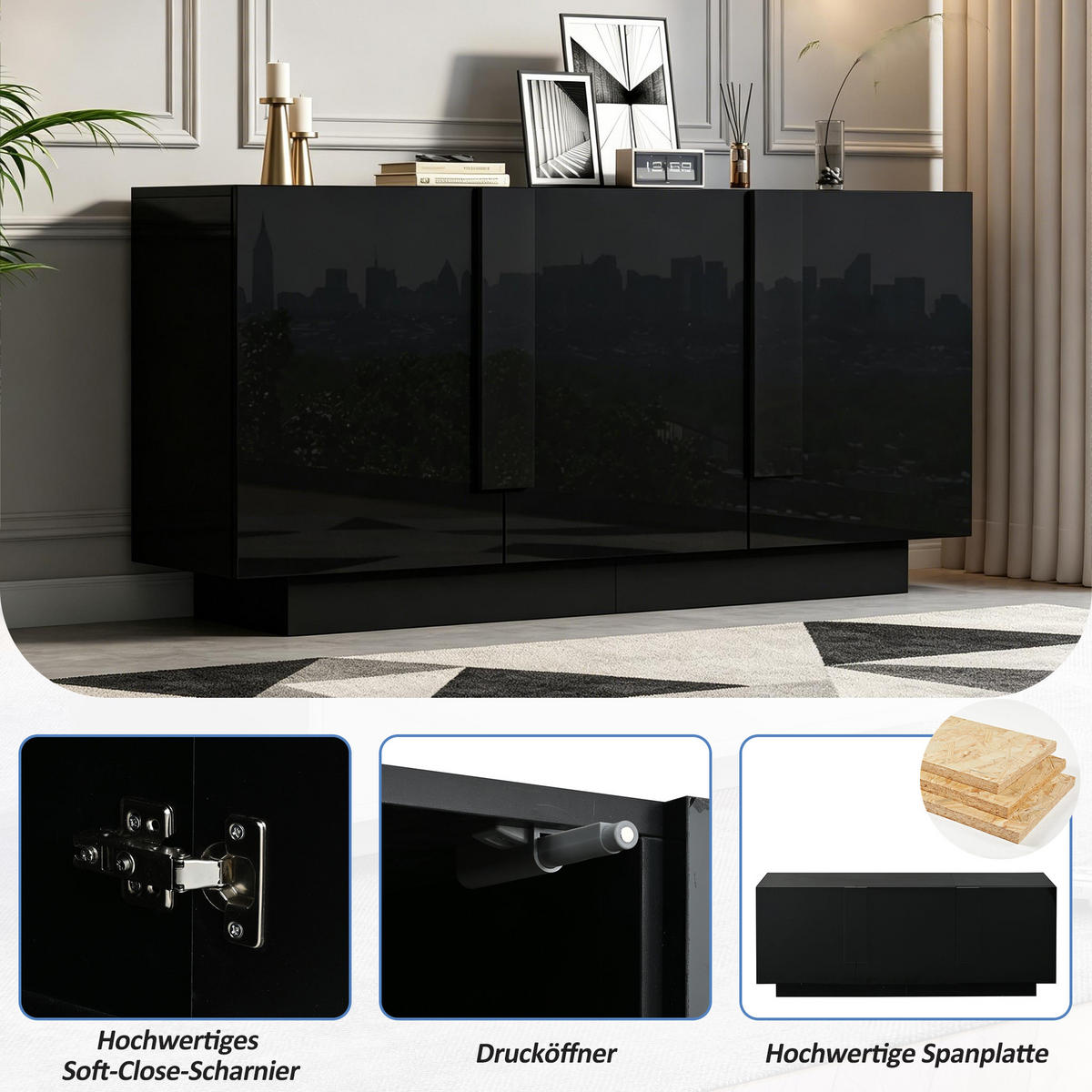 SIDEBOARD Schwarz Hochglanz 3 Türen 160cm 6 Fächer modern - Schwarz, Holzwerkstoff (35/60/160cm) - FLIEKS