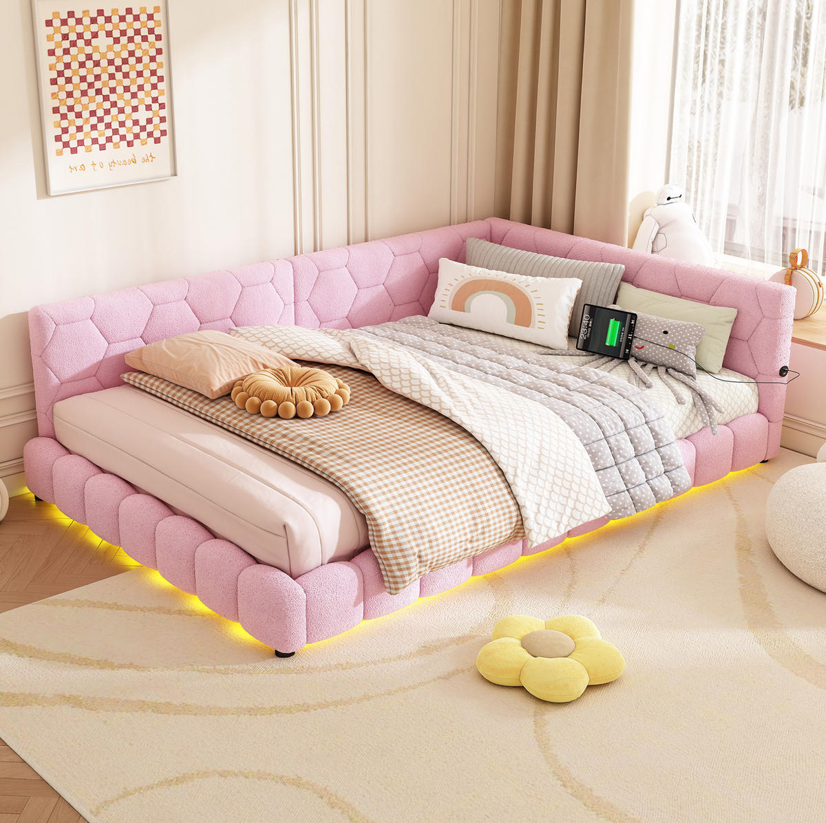 POLSTERBETT 140/200 cm aus Vliesimitat und MDF mit LED-Beleuchtung, USB- und USB-C-Anschluss Rosa - Rosa, Textil (140/200cm) - Modenvie