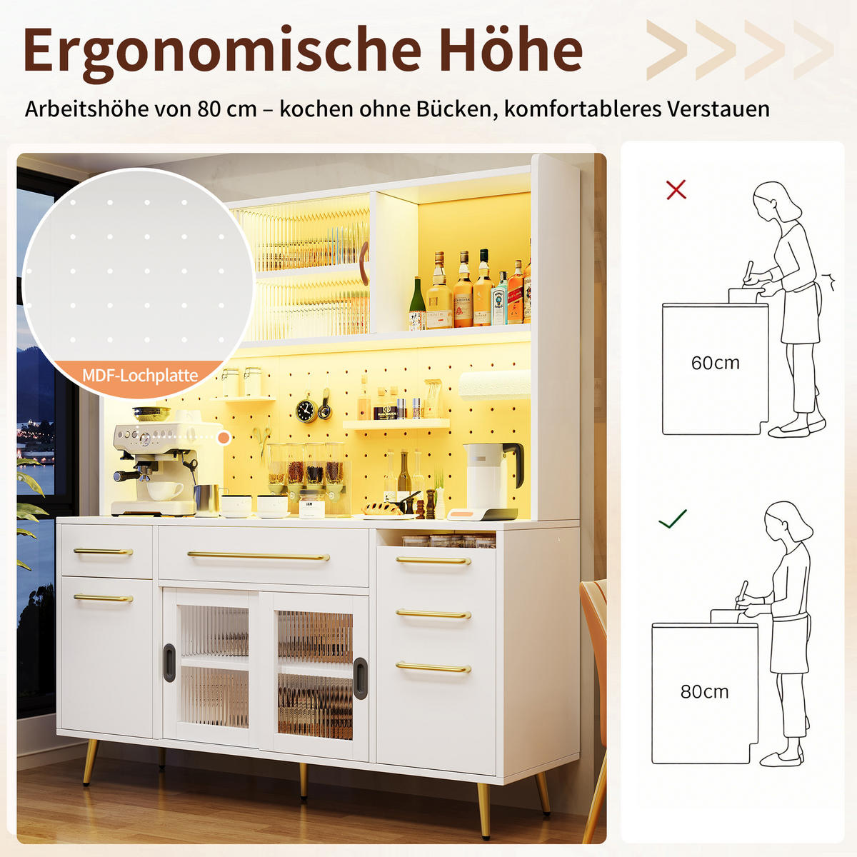 KÜCHENSCHRANK LED Lochwand Glastür Schublade Weiß - Weiß, Glas (145/171/39cm) - FLIEKS