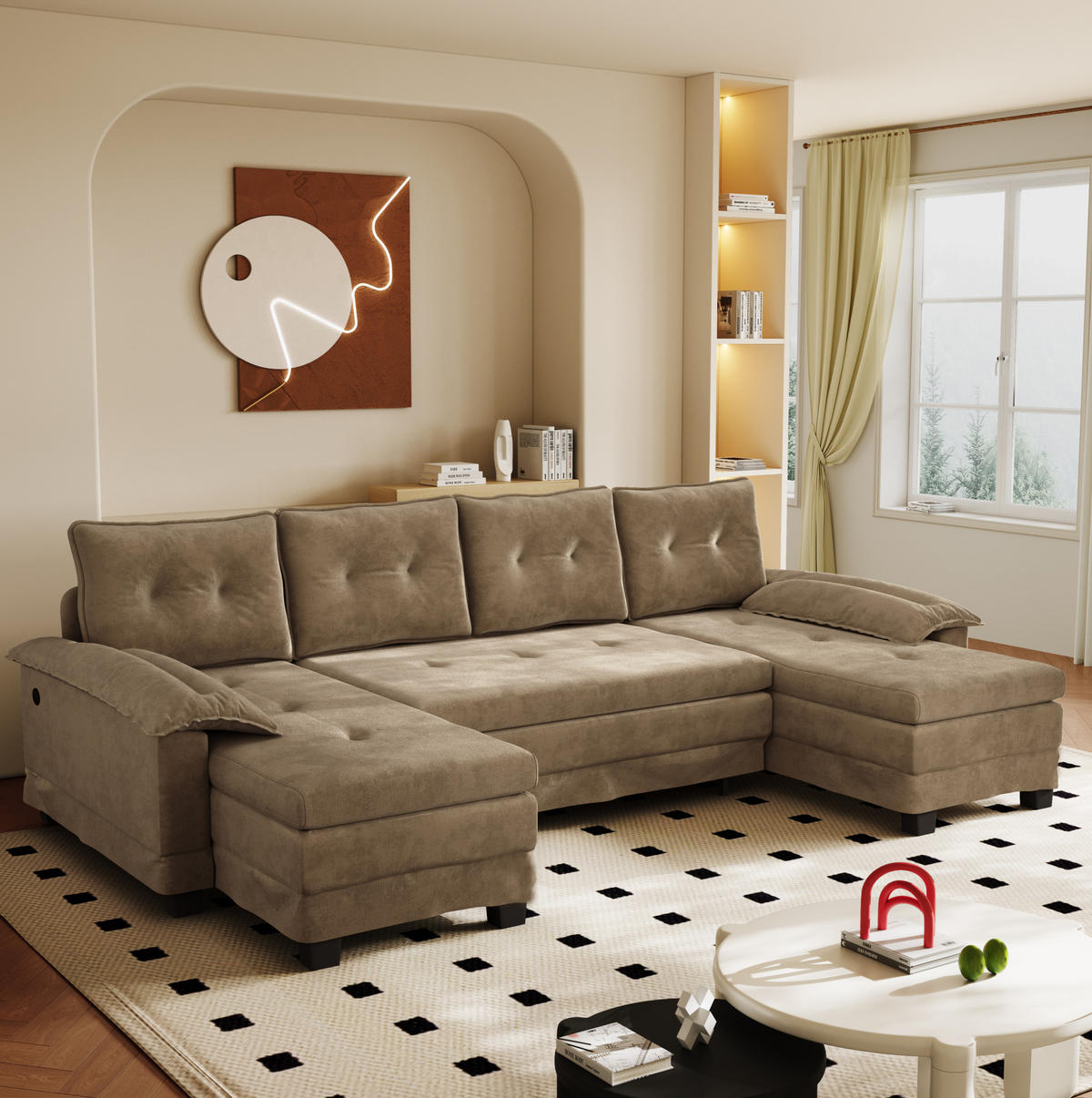 SOFABETT U-Form mit USB 278 x 127 cm Chenille Khaki - Dunkelgrün, Textil (127/87/278cm) - Meubliv