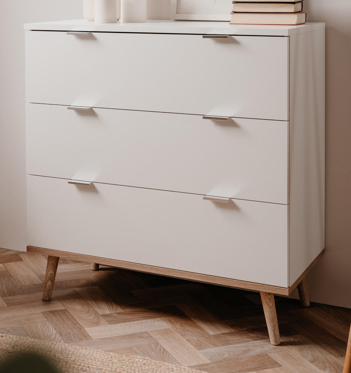 SCHUBKASTENKOMMODE weiß matt, Eiche Sonoma massiv 80 cm, Kommode skandinavisch - Chromfarben/Eichefarben, Holz/Holzwerkstoff (80/86.5/40cm) - Furn.Design