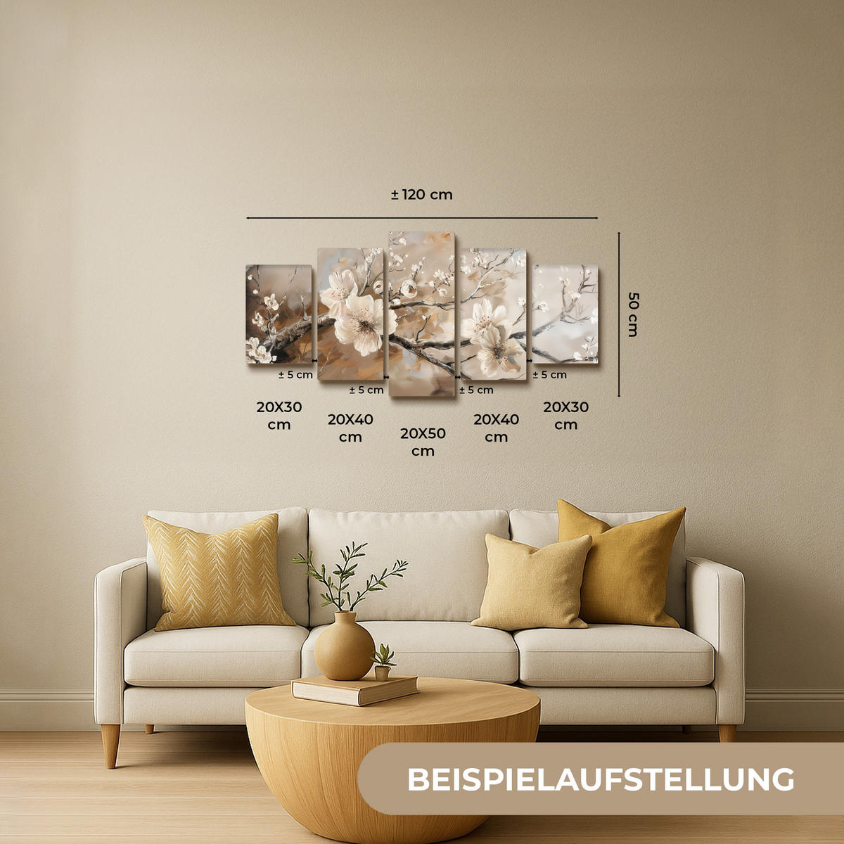 LEINWANDBILD 5er Set Blüte - Beige - Abstrakt - Blumen 100x50 cm - Hellbraun, Textil (100/50cm) - MuchoWow