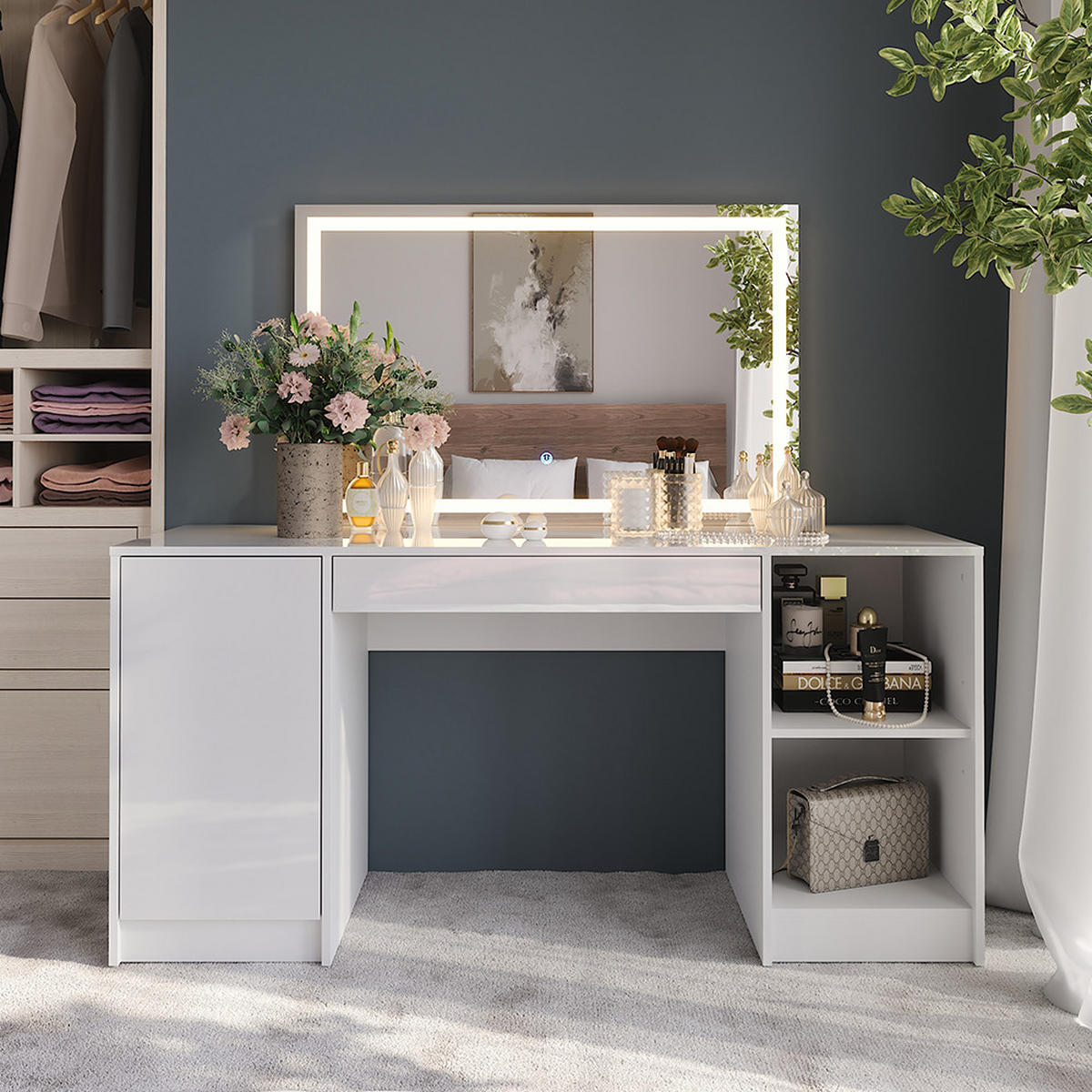 SCHMINKTISCH Sherry Weiß/Weiß Hochglanz 158.2 cm mit LED-Spiegel - Weiß Hochglanz, Holzwerkstoff (158.2/76/50.1cm) - Vicco